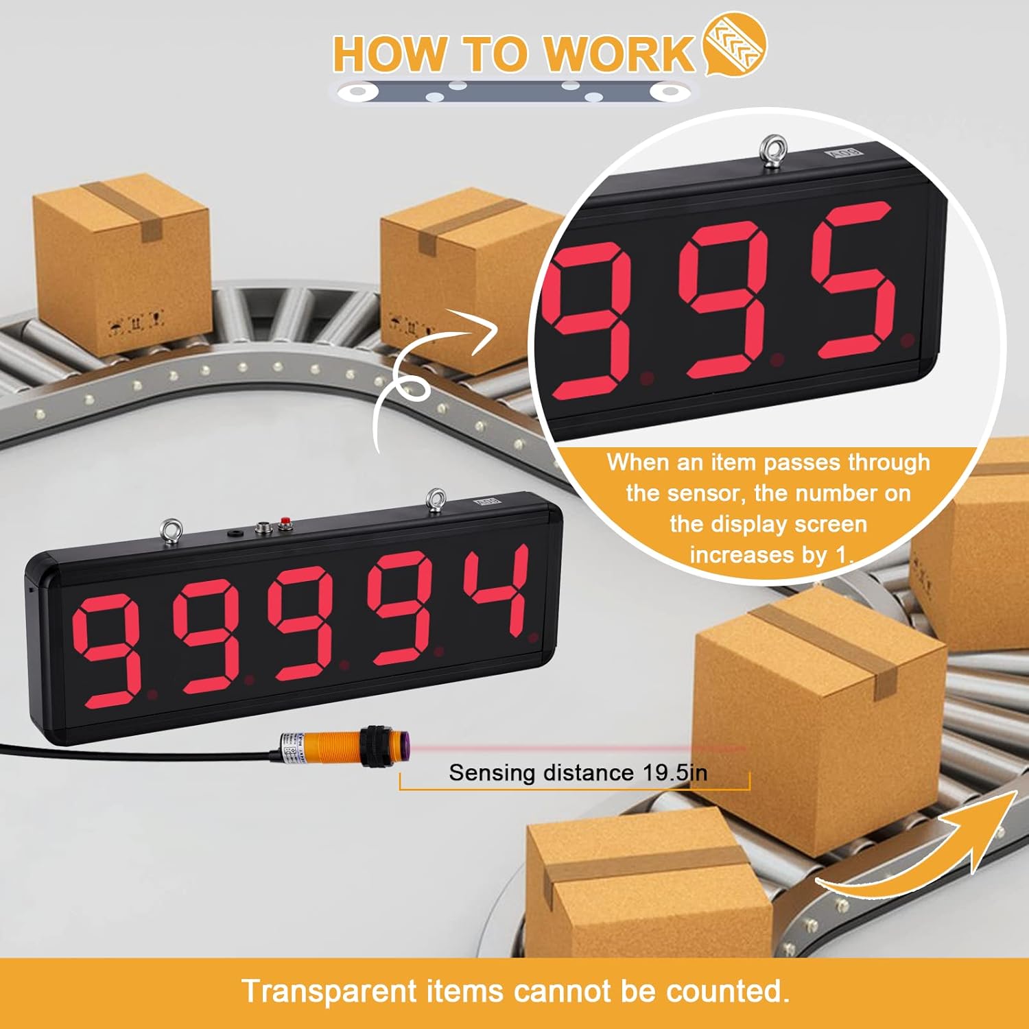 Automatic Digital Conveyor Counter – Up to 99999 Counts, Infrared Sensor, Large LED Display, Wall-Mountable Tally Counter for Factory Assembly Lines Input 100-240V