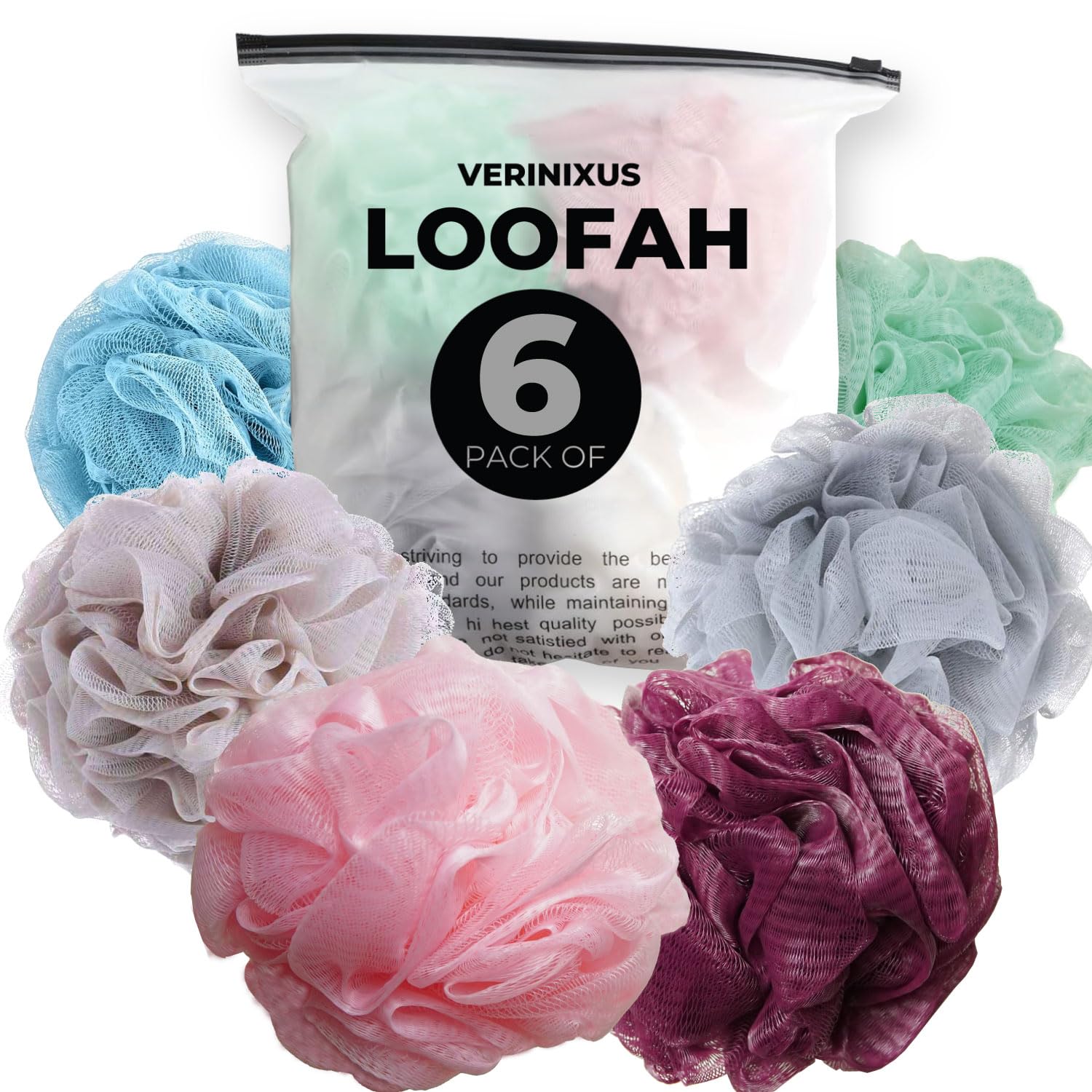 Loofah Sponge Shower Puff – 6 Pack Multicolor Mesh Bath Sponges & Body Scrubbers | Exfoliating Shower Poufs for Men & Women, Durable Bath Puffs for Rich Lather & Gentle Cleaning