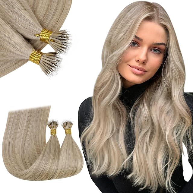 RUNATURE Blonde Nano Hair Extensions Human Hair Golden Blonde Highlight Ash Blonde Nano Ring Hair Extensions Blonde Nano Human Hair Extensions 12 Inch 40 Gram