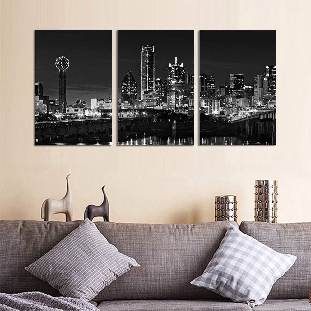 Exclusive Discount 60% Price NAN Wind 3 Pcs Wall Art Dallas Skyline Black & White Canvas Art Paintings for Room Decor Dallas Cityscape Skyscrapers Night Scene Picture Prints On Canvas for Home Decor Modern Giclee Framed