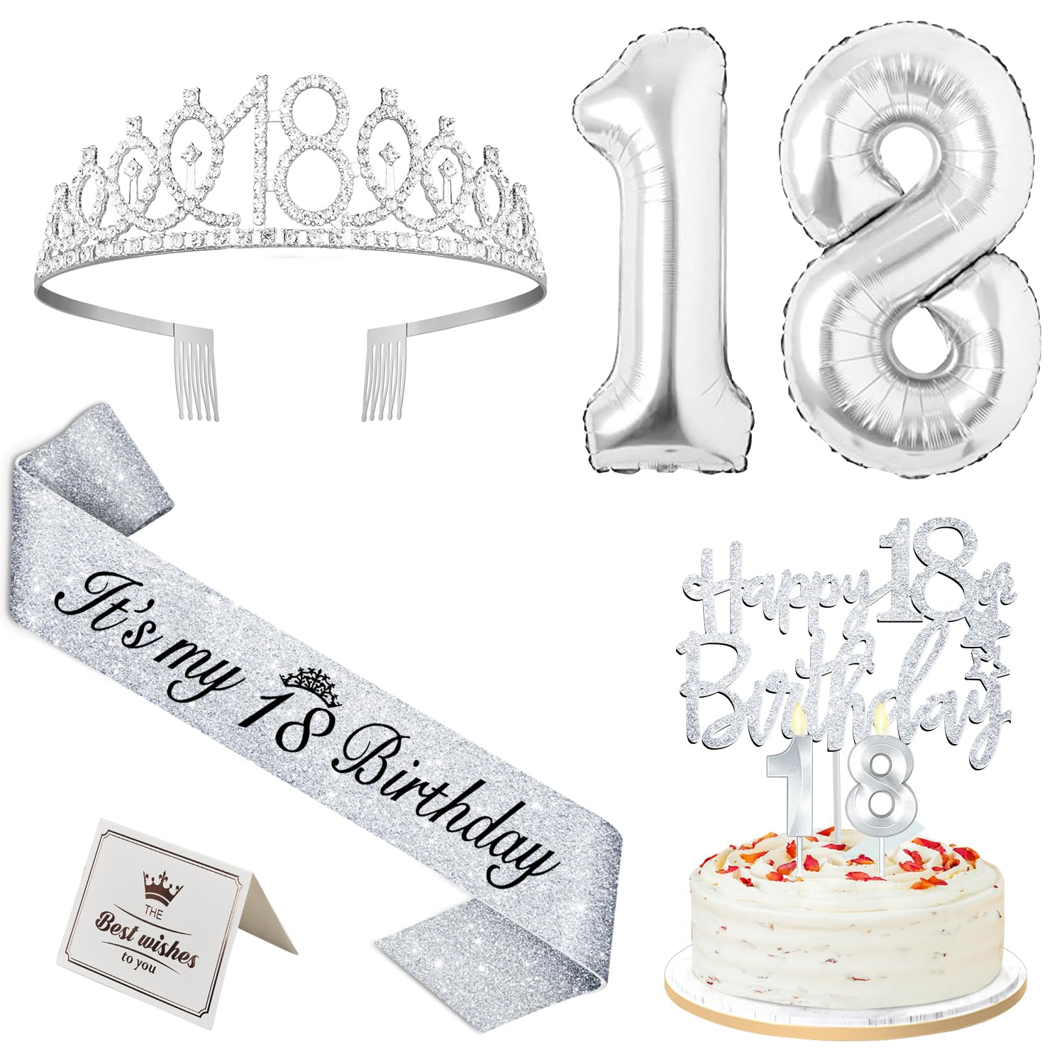 18th Birthday Decorations for Girls Silver Set with 18th Birthday Tiara and Sash Silver, 18 Birthday Cake Topper and Number 18 Candles, 18 Balloon Numbers, 18th Birthday Gifts for Girls
