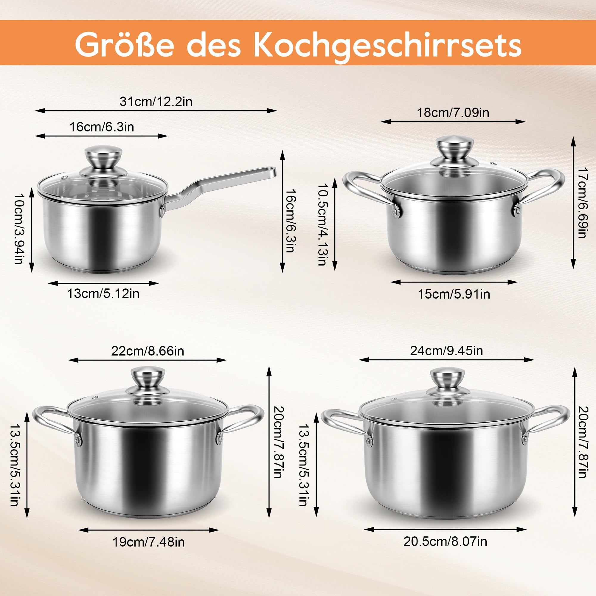 Topfset Induktion 8-Teilig, Kochtopf Set Edelstahl mit Glasdeckel, Töpfe Set für Alle Herdarten, Kochtöpfe Inklusive Stielkasserolle, Spülmaschinengeeignet