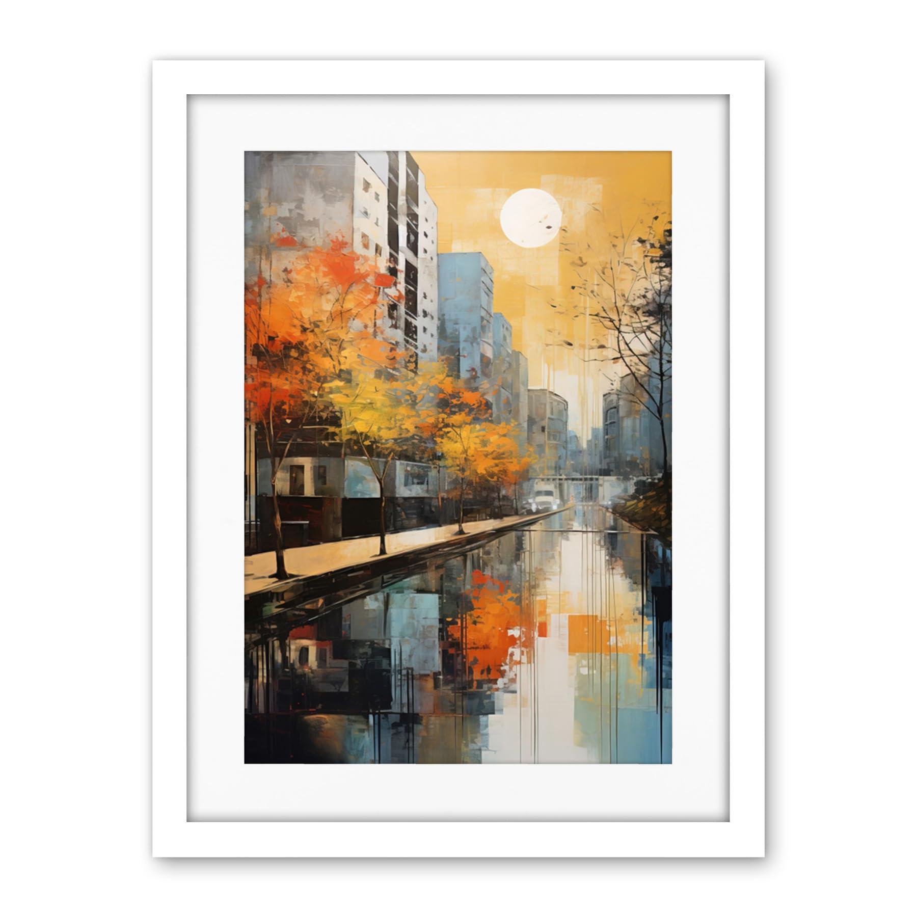 Artery8 Cityscape River Canal Oil Painting Blue Orange Trees Autumn in the City Artwork Framed Wall Art Print 18X24 Inch