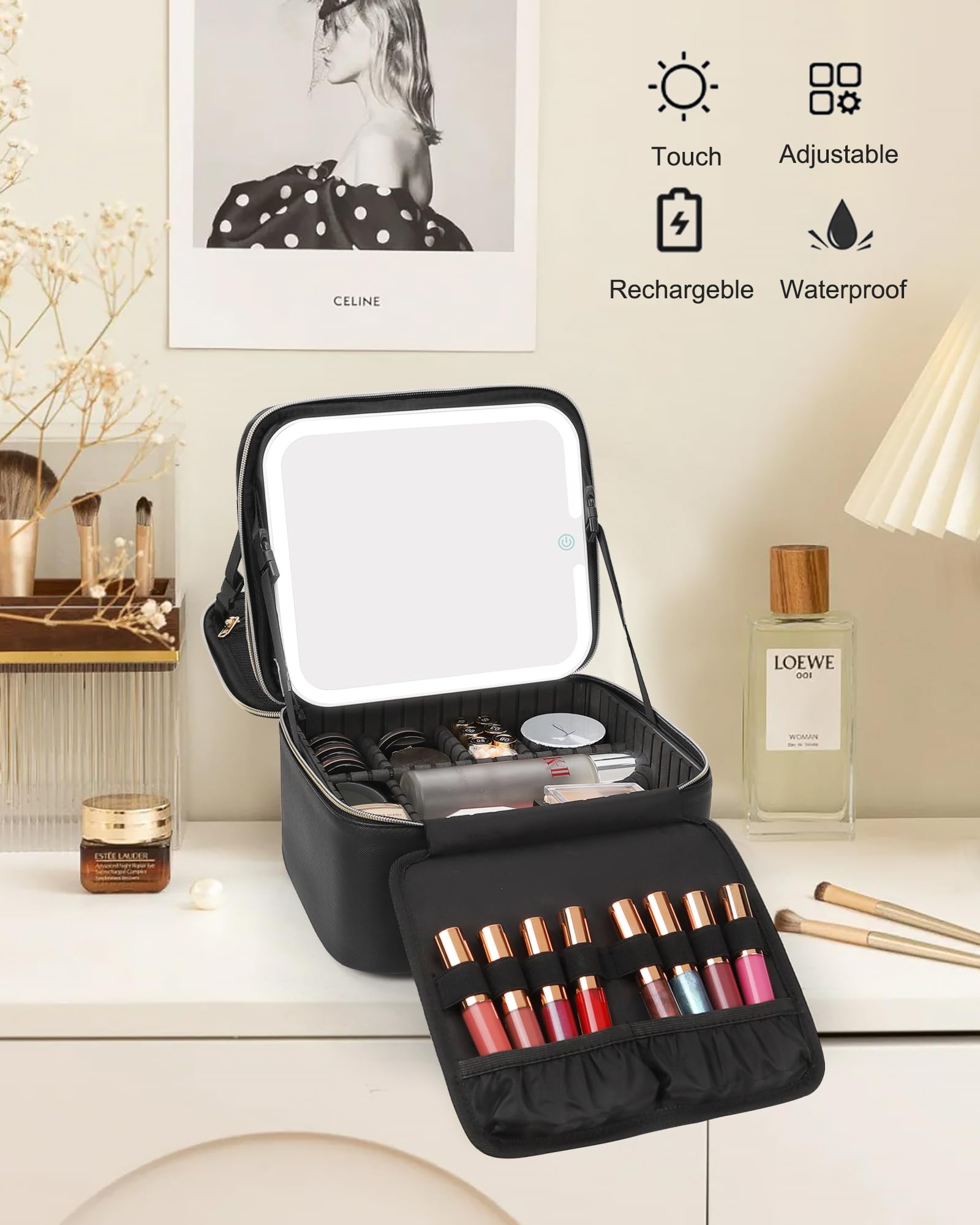 Chomeiu Makeup Bag with LED Mirror, Adjustable Dividers and Brush Holder