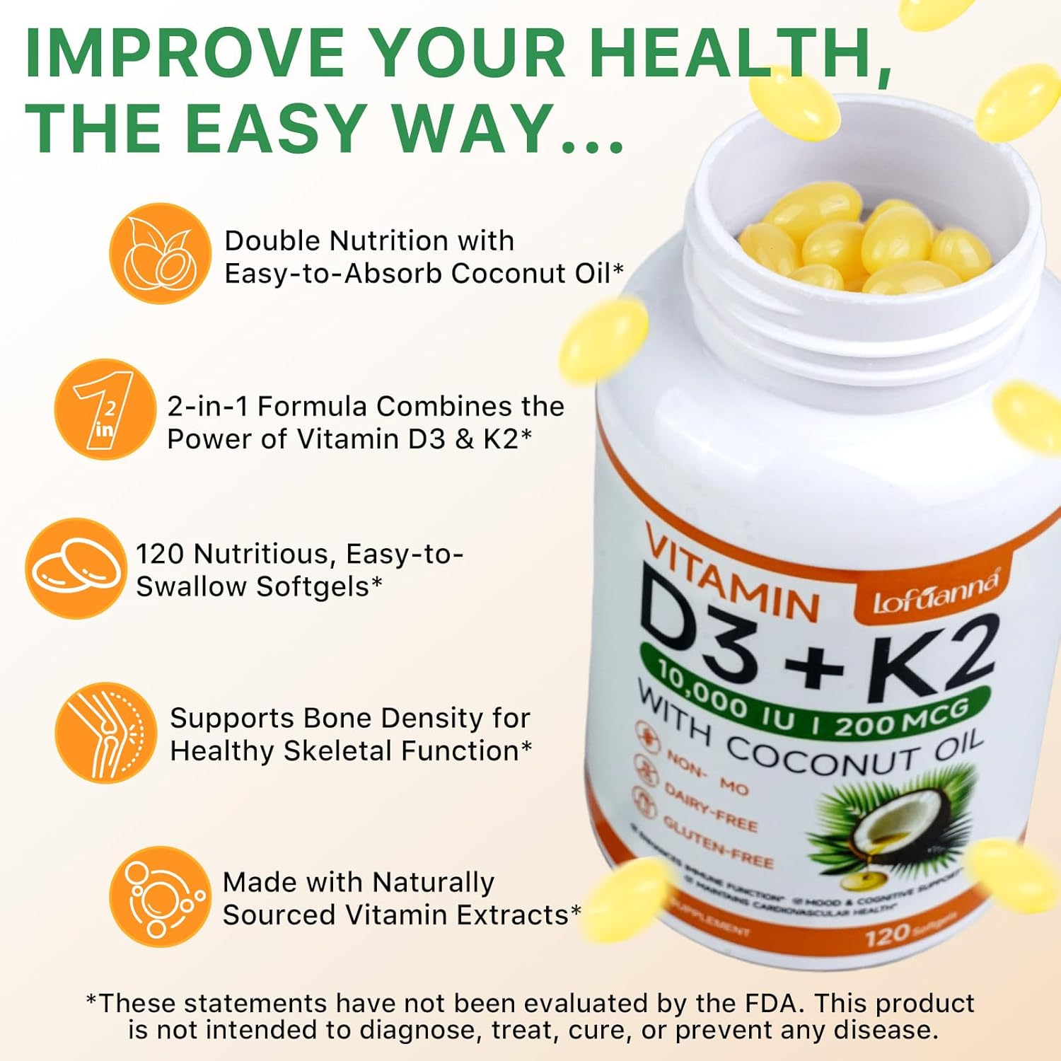 lofuanna Vitamin D3 K2 Supplement Softgels, 2 in 1 Vitamin D3 & K2 with Coconut Oil Supplement - Supports Heart, Teeth & Bone Health, Free of GMO & Gluten - Image 2