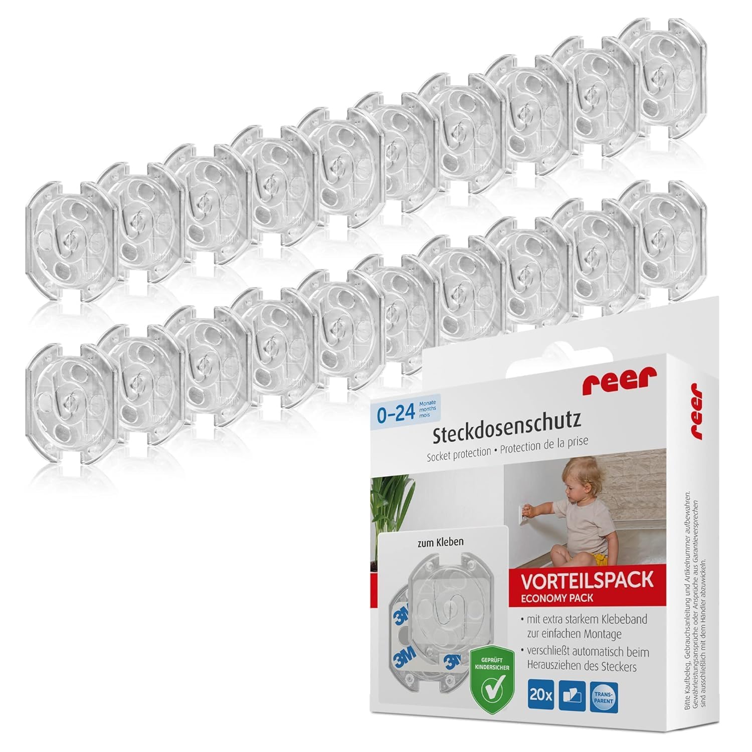 reer Steckdosenschutz - das kindersichere Original vom Erfinder, zum Kleben, transparent, 20 Stück