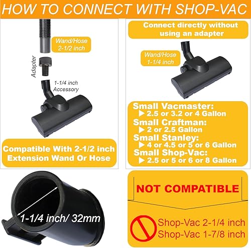 Miniatura 3 de Para Shop Vac Turbo Brush Head 1.25" Plus 2 12" Adaptador de manguera de vacío compatible con Shop Vac - Accesorio de vacío para depilación de