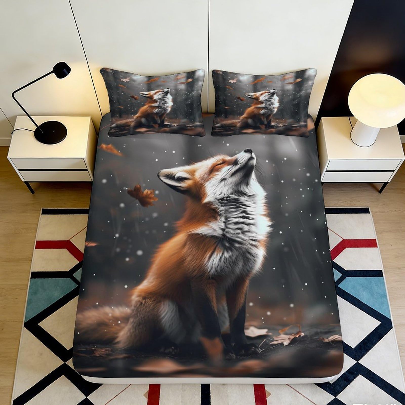 3D Printed Autumn Fox Fitted Sheet Microfiber Soft Breathable Forest Leaves Mattress Cover for Bedroom Decor 90x200x25cm