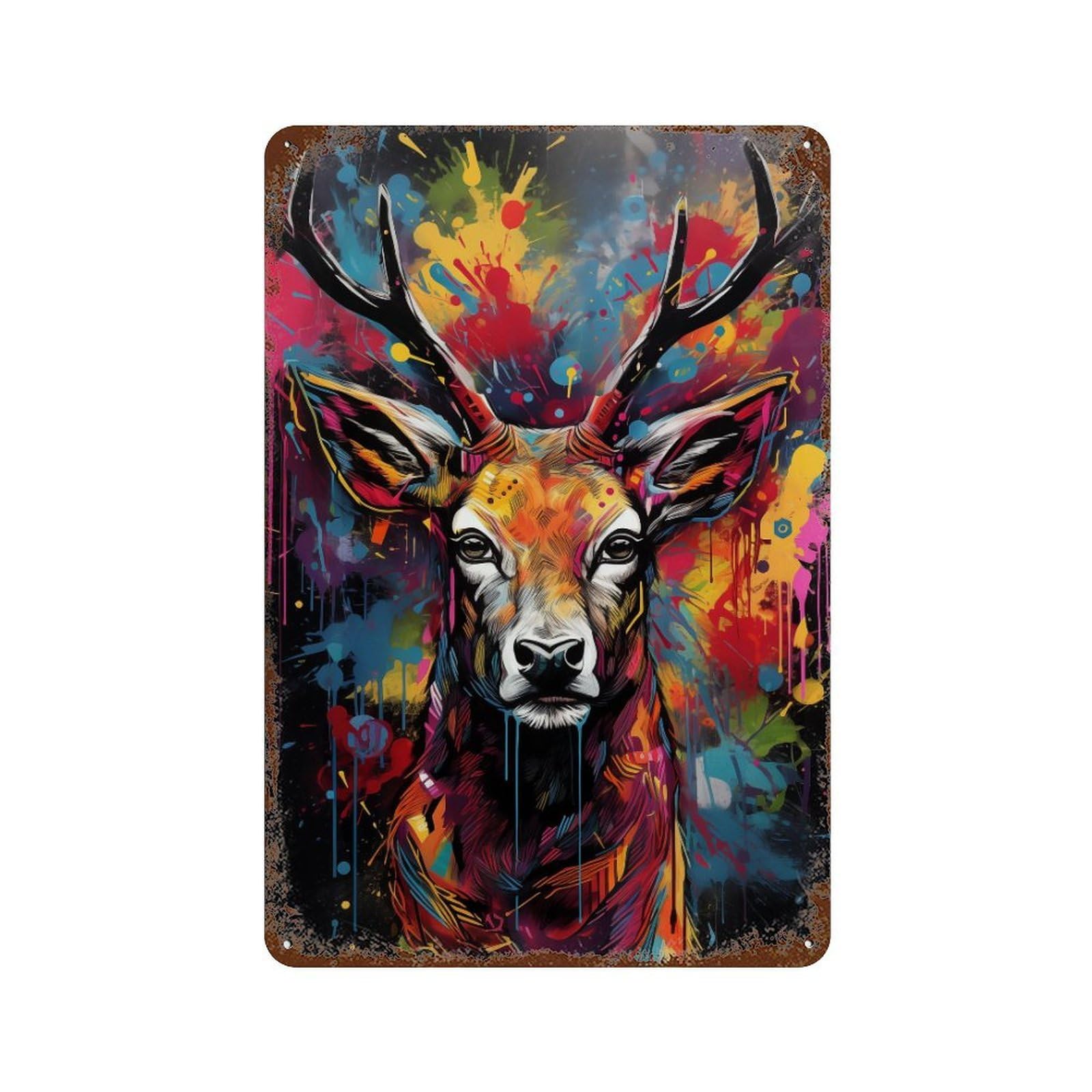 Decorative Tin Sign with Colorful Deer Art Print-2 Design 11.8"x7.9", for Basement, Hobby Room And Garage Decor, Farmhouse Wall Decor