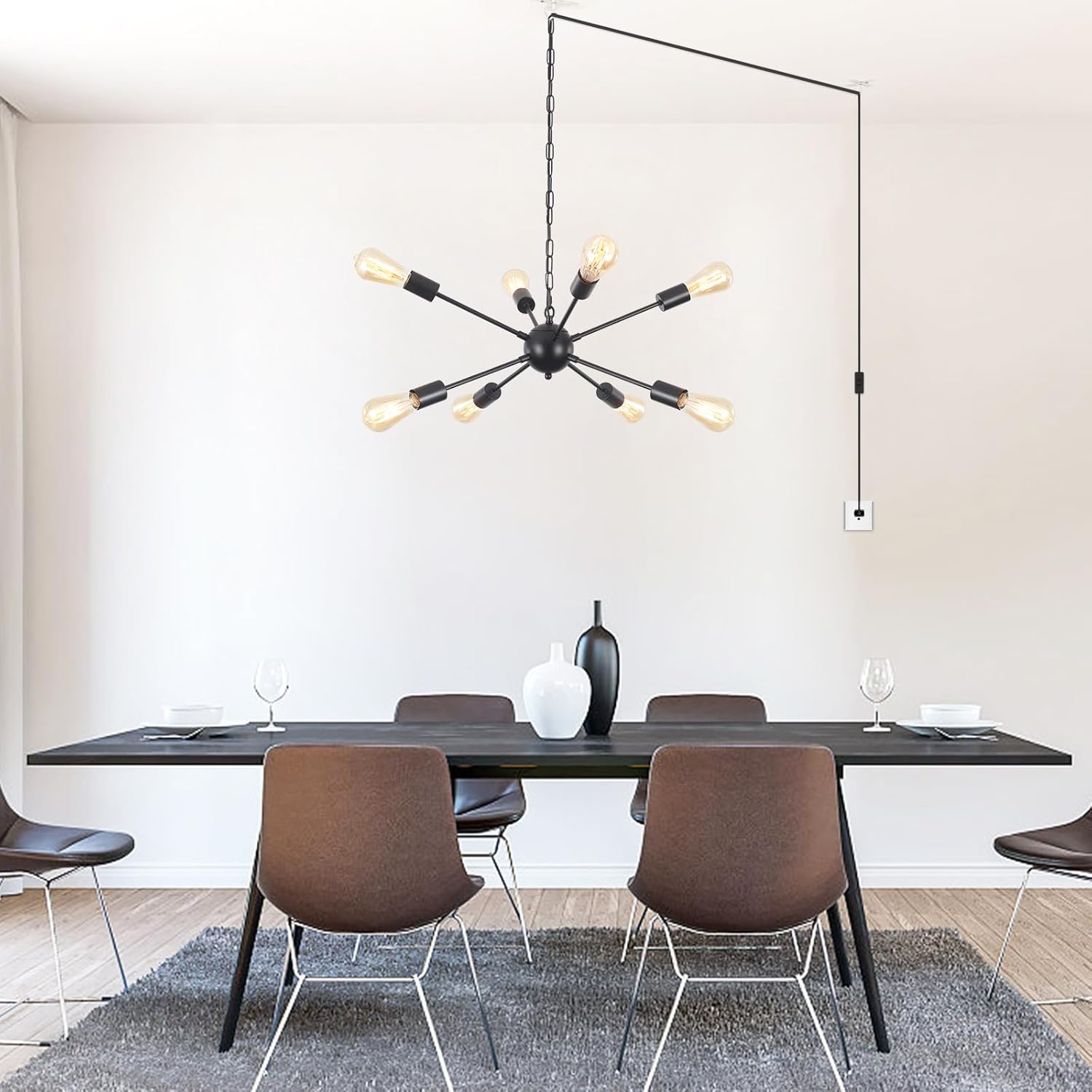 8 Lights Plug in Chandelier Sputnik Ceiling Light Fixture Black Hanging Lights with Plug in Cord 16.4ft Sputnik Chandeliers for Dining Room Living Room Bedroom Foyer