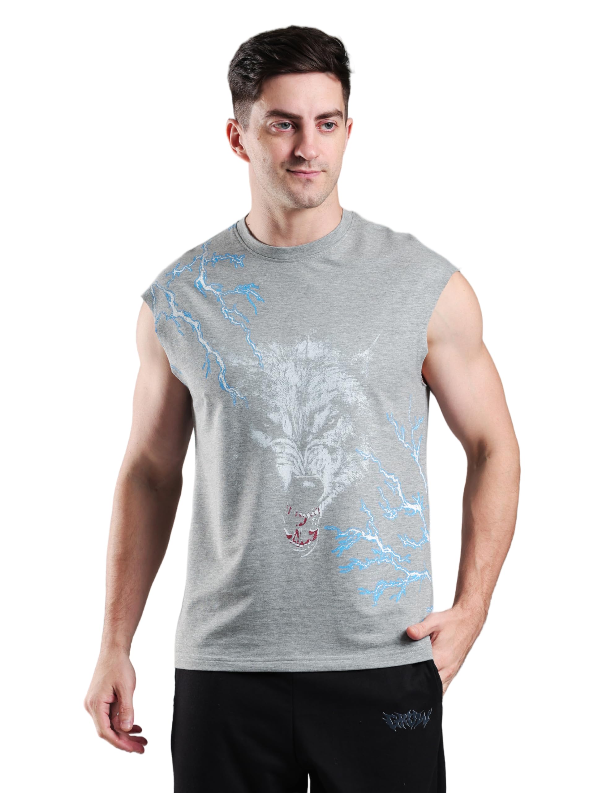 grow Thunderwolf Capsleeves Tee Round Neck Gym Sleeveless T Shirt for Men | Cotton Terry Lycra Pull Over Sport, Workout T Shirt for Men-picture-12