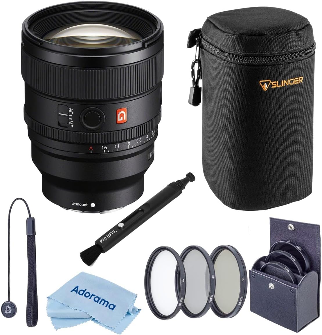 Sony FE 85mm f/1.4 GM II Lens Bundle with 77mm Filter Kit, Slinger Lens Case, Lens Pen Cleaner, Lens Cap Tether