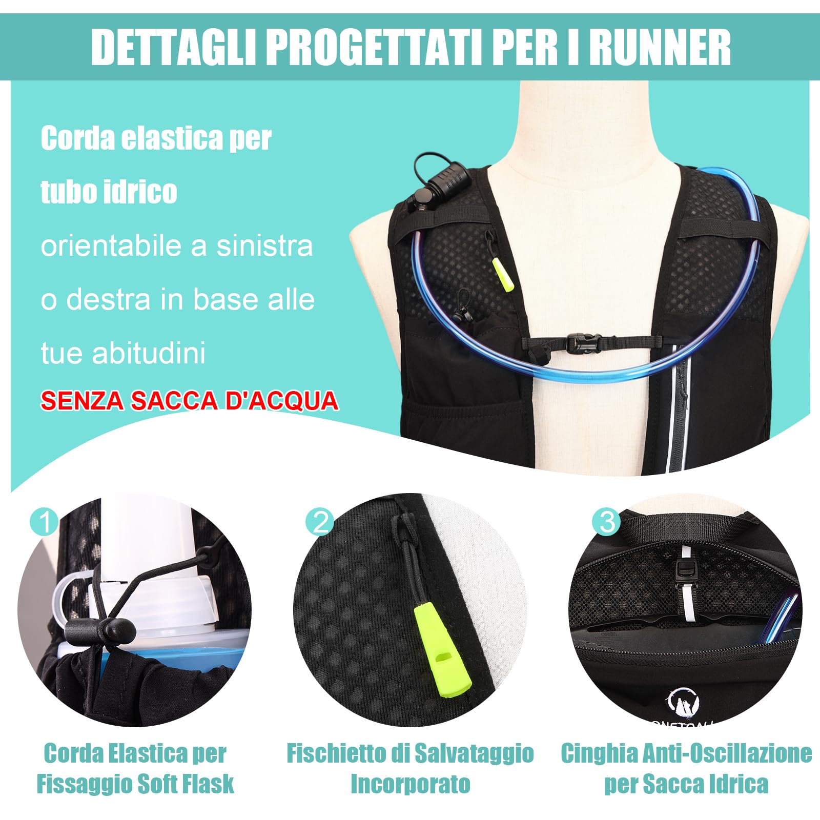Gilet Running Uomo Donna, Zaino Trail Running, Running Vest con Soft Flask 500ml y Luce LED, Gilet Corsa Traspirante Riflettente per Jogging Marathon Trekking Ciclismo, Leggero Solo 175g