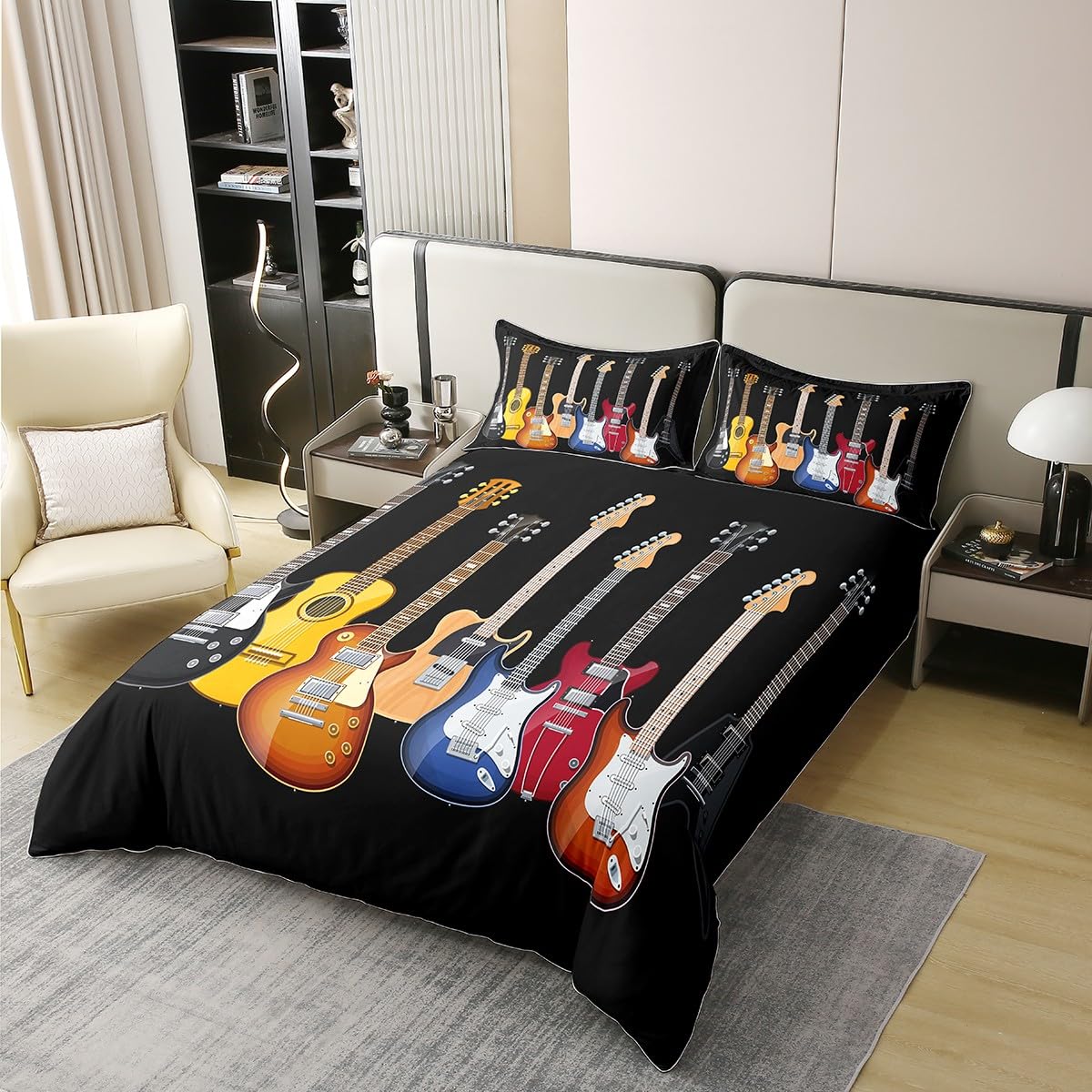 Loussied - Copripiumino stampato a tema musica rock, 135 x 200 cm, in cotone, per bambini e adulti, motivo musicale a colori, stile hip-hop, decorazione per camera da letto