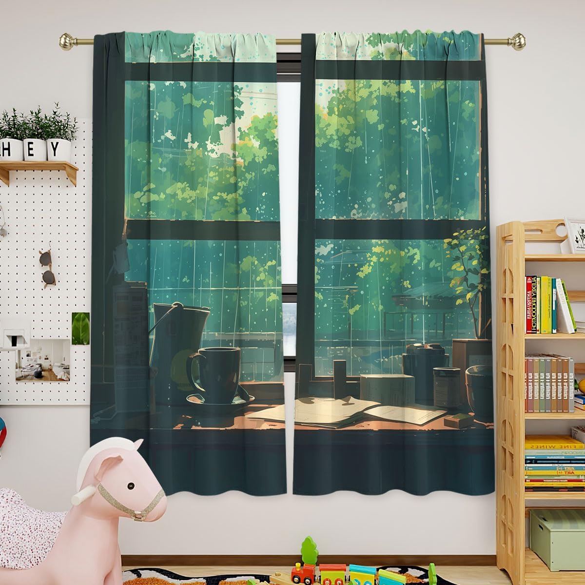 Japanese Anime Blackout Curtains for Girls Boy Home Decor, Aesthetics Window Glass Desk Rain Day Rod Pocket Thermal Insulated Drapes Darkening Window Curtain for Bedroom Living Room, 63 x 63 Inch