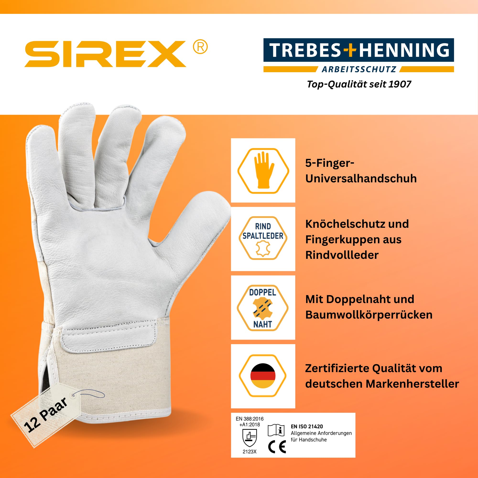 Sirex R610 Rindvollleder Arbeitshandschuhe gefüttert, 12 Paar - Robuster Lederhandschuh mit Doppelnaht & Knöchelschutz, gummierte Stulpe, Baumwollrücken, Bauhandschuhe Grau/Beige, EN 388