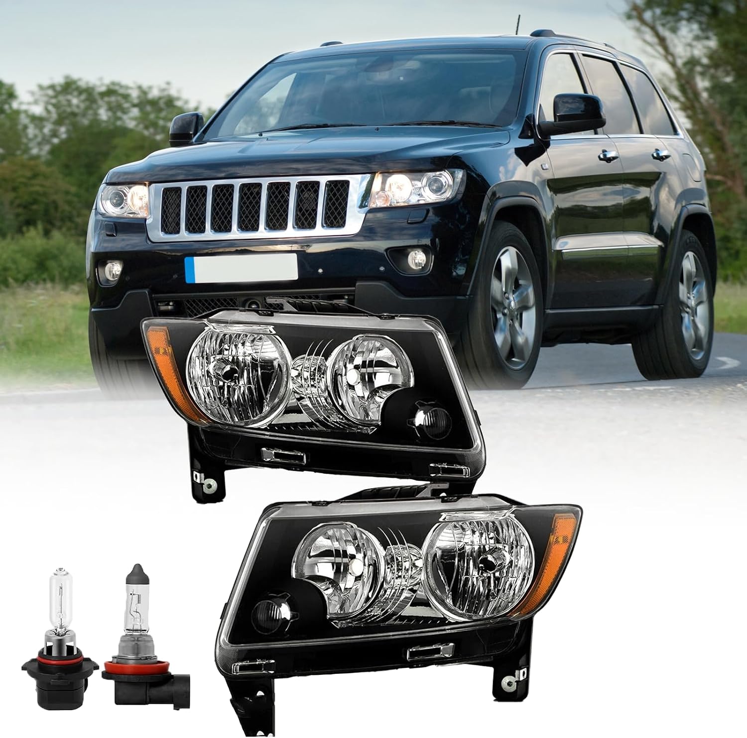 Headlights Assembly Pair with bulbs for 2011-2013 Jeep Grand Cherokee & 2011-2017 Jeep Compass Halogen Headlights Headlamps L+R (BLACK+AMBER SIDE)