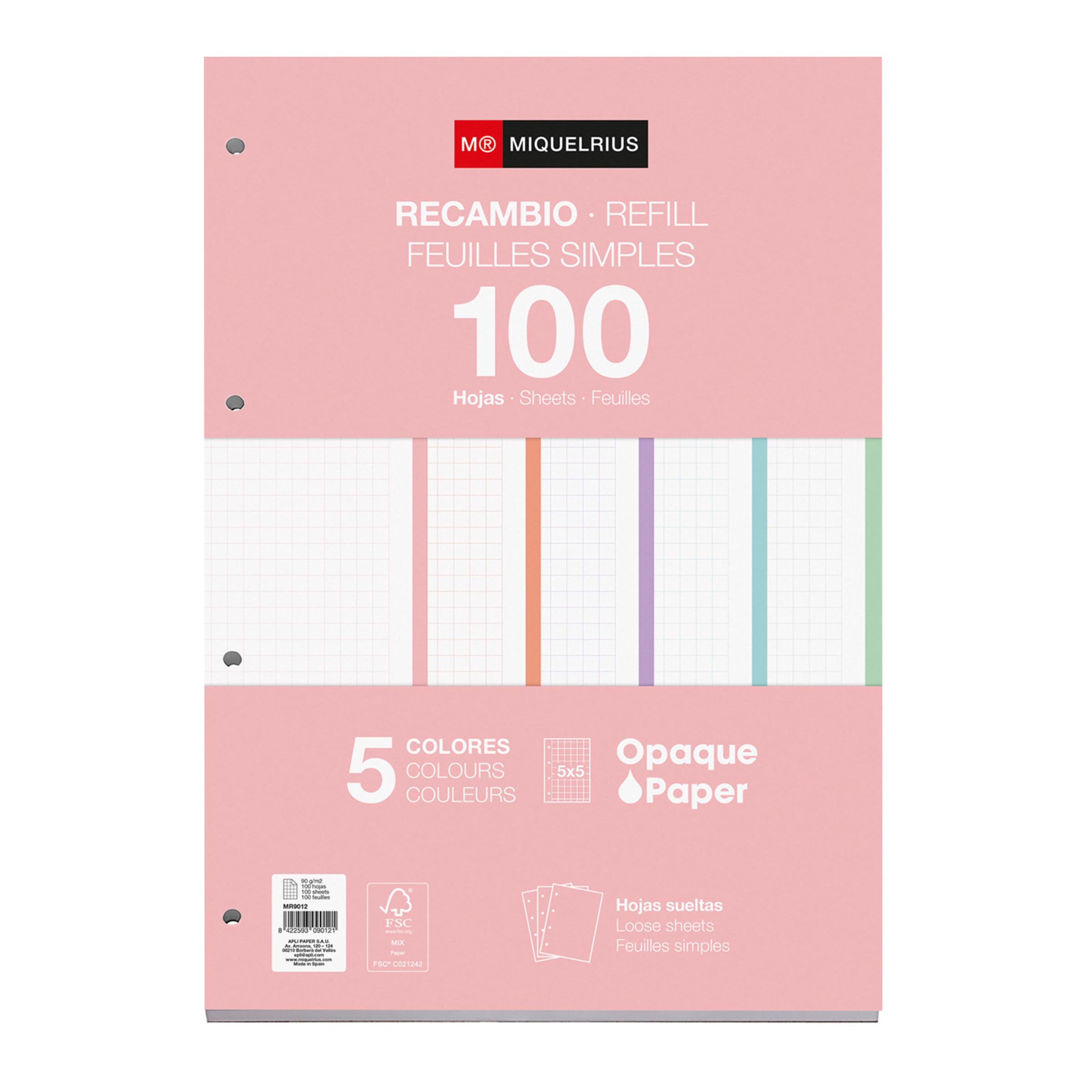 Miquelrius - Wkład Do Segregatora A4 Z 5 Pastelowymi Paskami, 100 Kartek W Kratkę 5 x 5 mm, Papier 90 g/m², 4 Otwory, Papier FSC, Kolekcja Edukacyjna