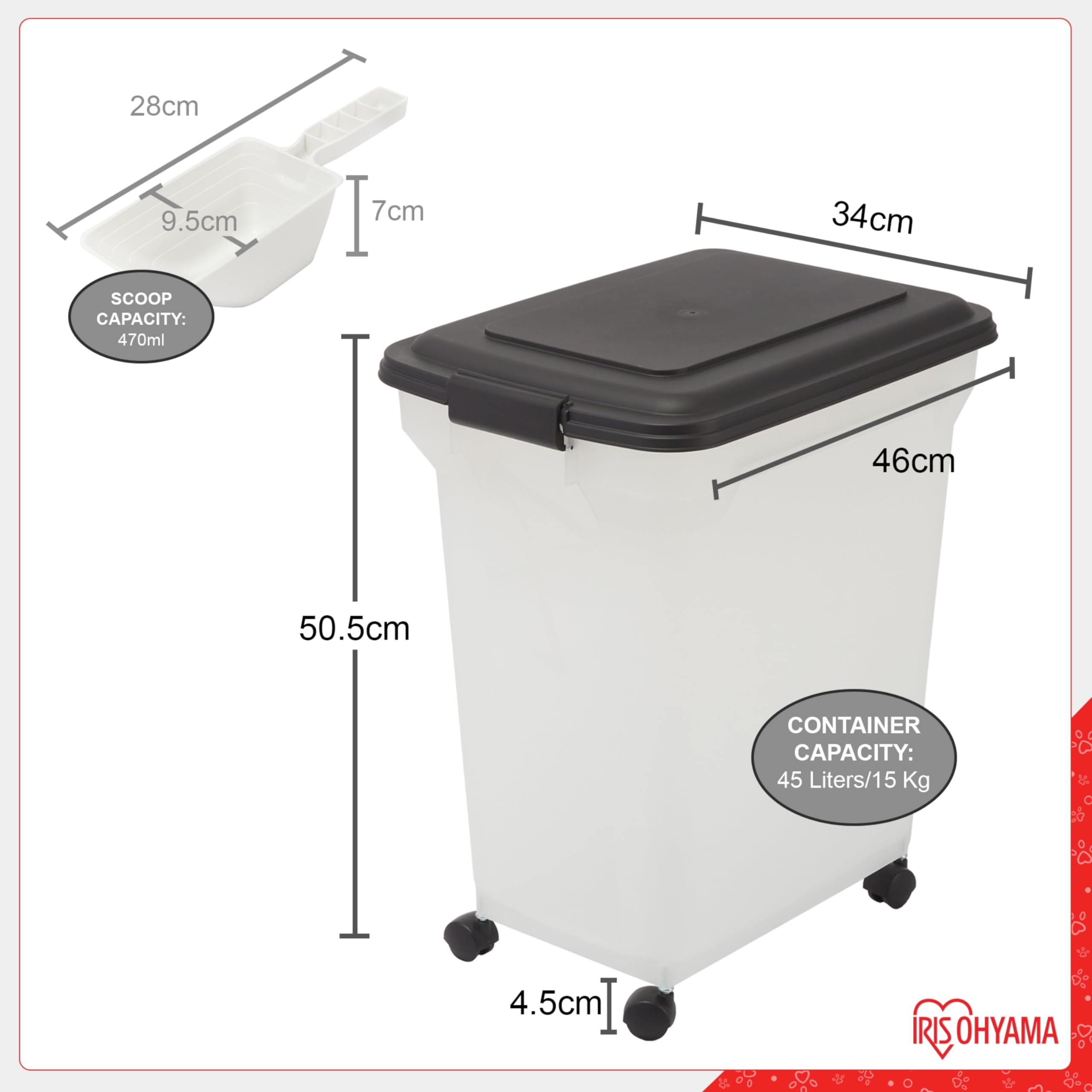 Iris Ohyama, Contenitore per Crocchette, 45L/15kg, Nero, Ermetici, Contenitore per Alimenti in Plastica con Coperchio, con Ruote, Per Cibo per Gatti, Cani, Cibo secco, Dolci, Scatola, ATS-L