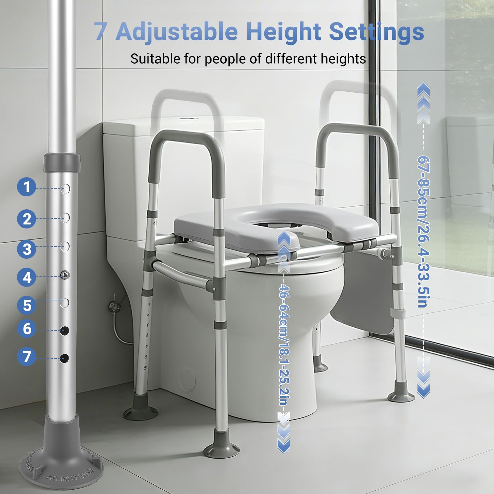 Rialzo WC per Anziani, Alzata per WC con Altezza e Larghezza Regolabili, Alza Water x Anziani con Braccioli per Anziani, Seduta Imbottita e Telaio in Alluminio, Adatto a Qualsiasi WC, Portata 150 kg