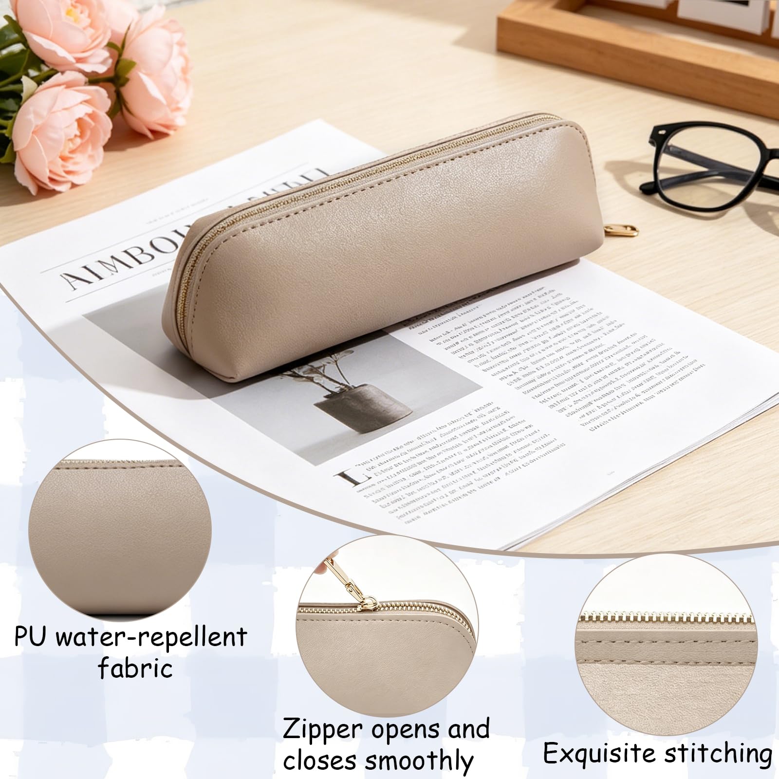 Pencil Case PU Cases 18.5 × 6 × 5.5 cm Zipper School Case Large Capacity Waterproof Portable for School, Office And Travel (Picture)
