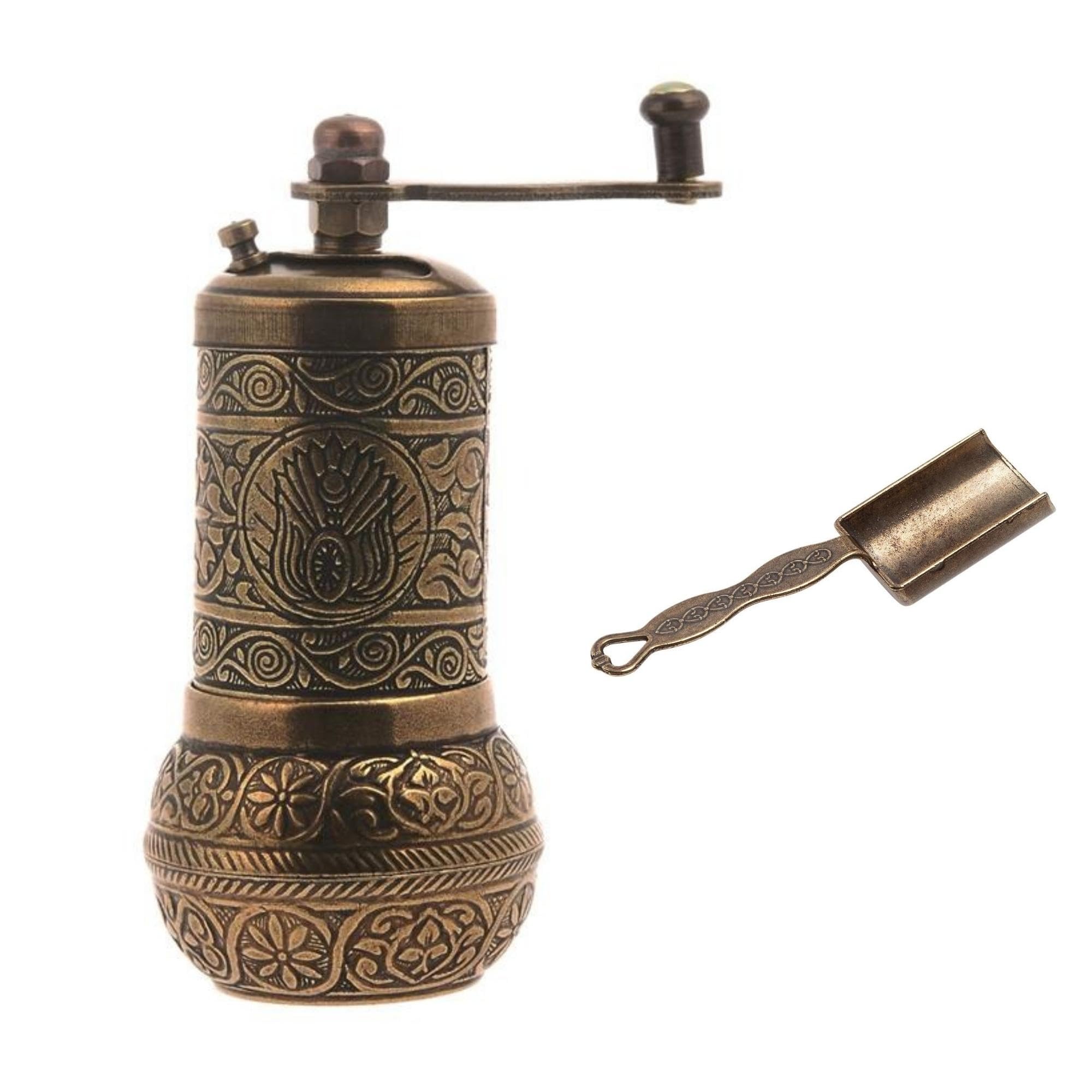 Acar Turkish Pepper Mill - Black Pepper Grinder, Refillable Peppercorn Mill, Spice Mill with Measuring Spoon, Pepper Mill with Crank Handle, Old Brass