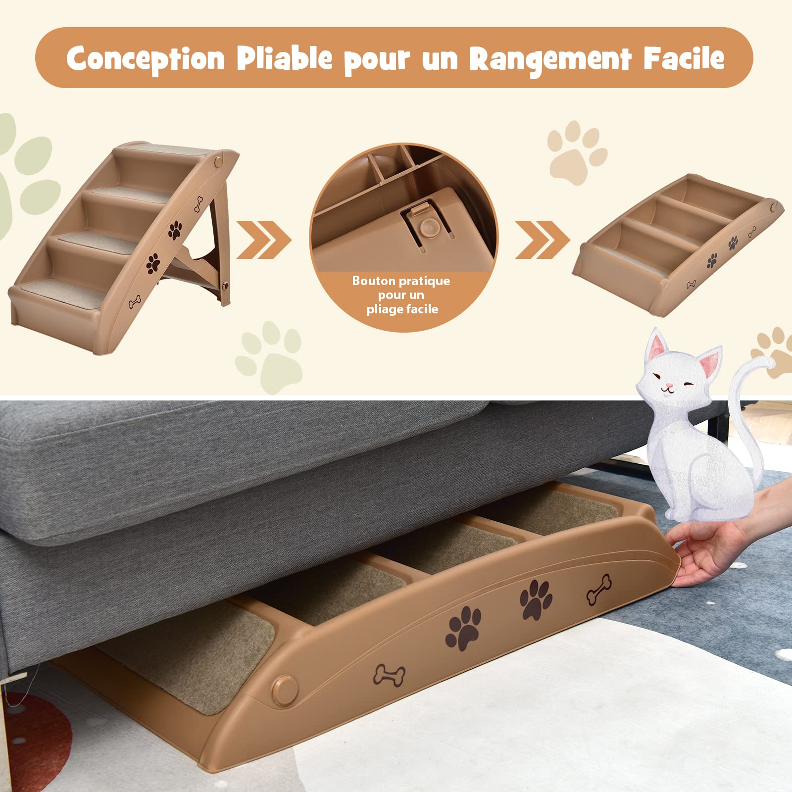 COSTWAY Escalier pour Chien Pliant à 4 Marches en Plastique Charge 60KG 64 x 39 x 49 cm Feutre Doux Structure Triangulaire Echelles pour Chiens et Chats (Café)