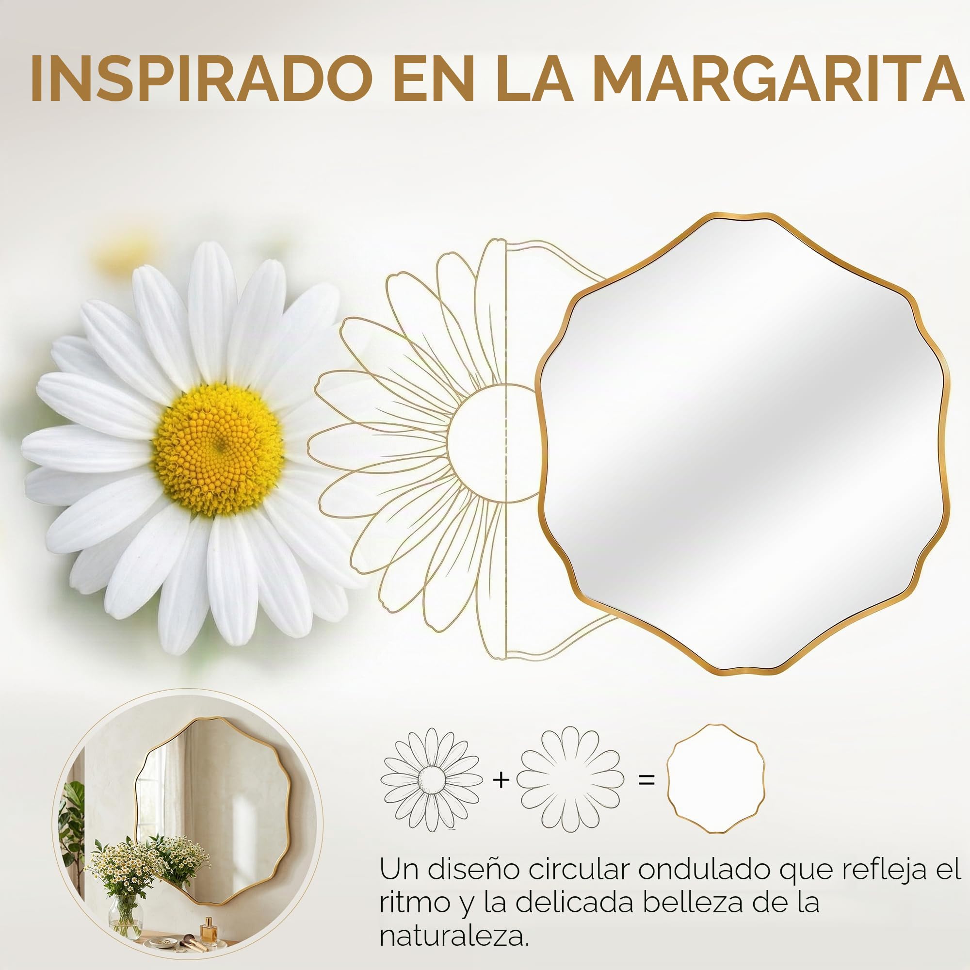 Espejo de Pared Hexagonal Orgánico con Marco de Aluminio Cepillado & Cristal de Seguridad Templado para Baño, Entrada & Salón