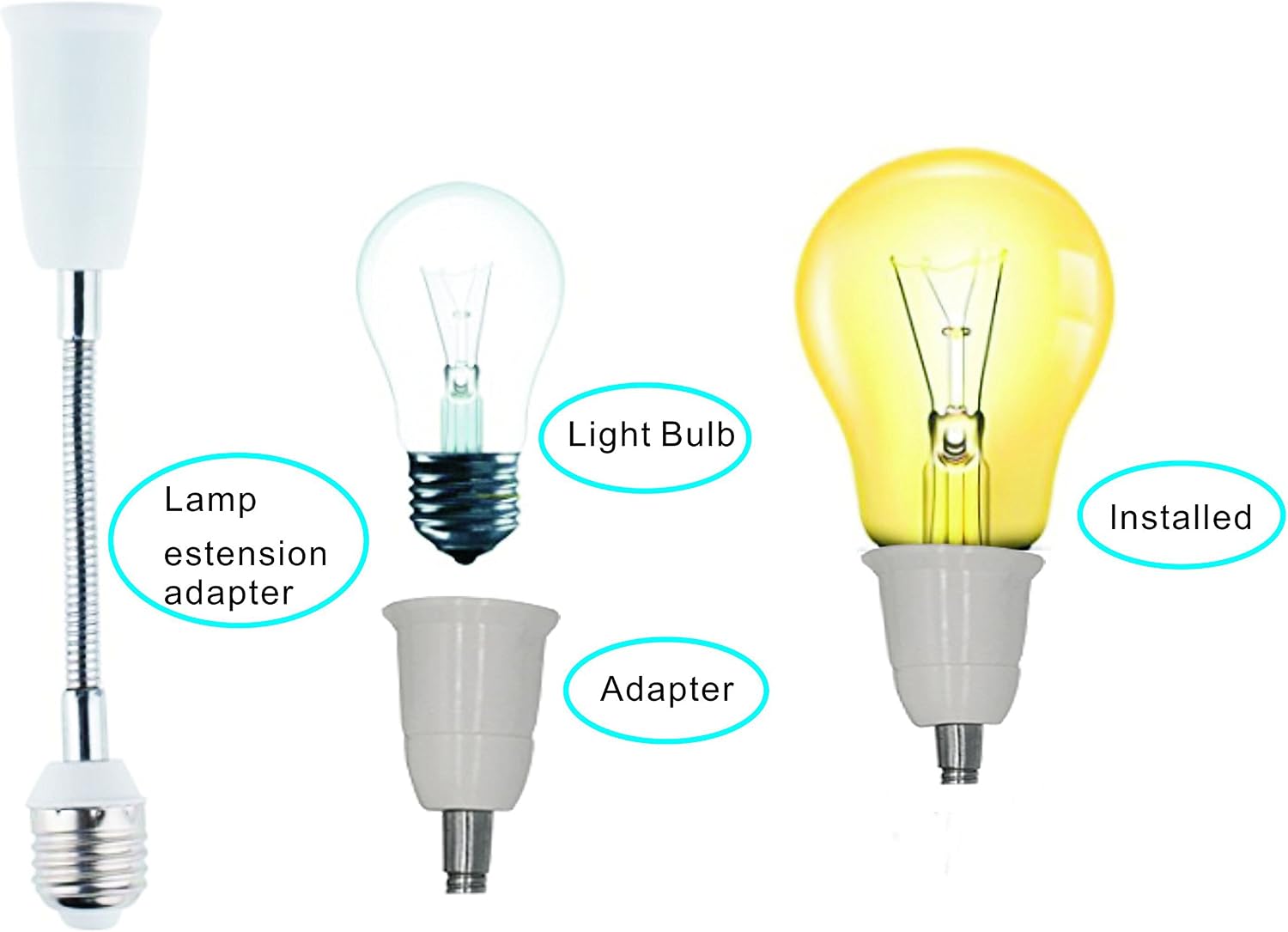 E27 Flexible Light Bulb Lamp Socket Adapter Extender/Adjustable Edison Bulb Socket Extension for Home Light Fixtures/LED Grow Light Socket Stand etc (7.8inch,4-Pack)
