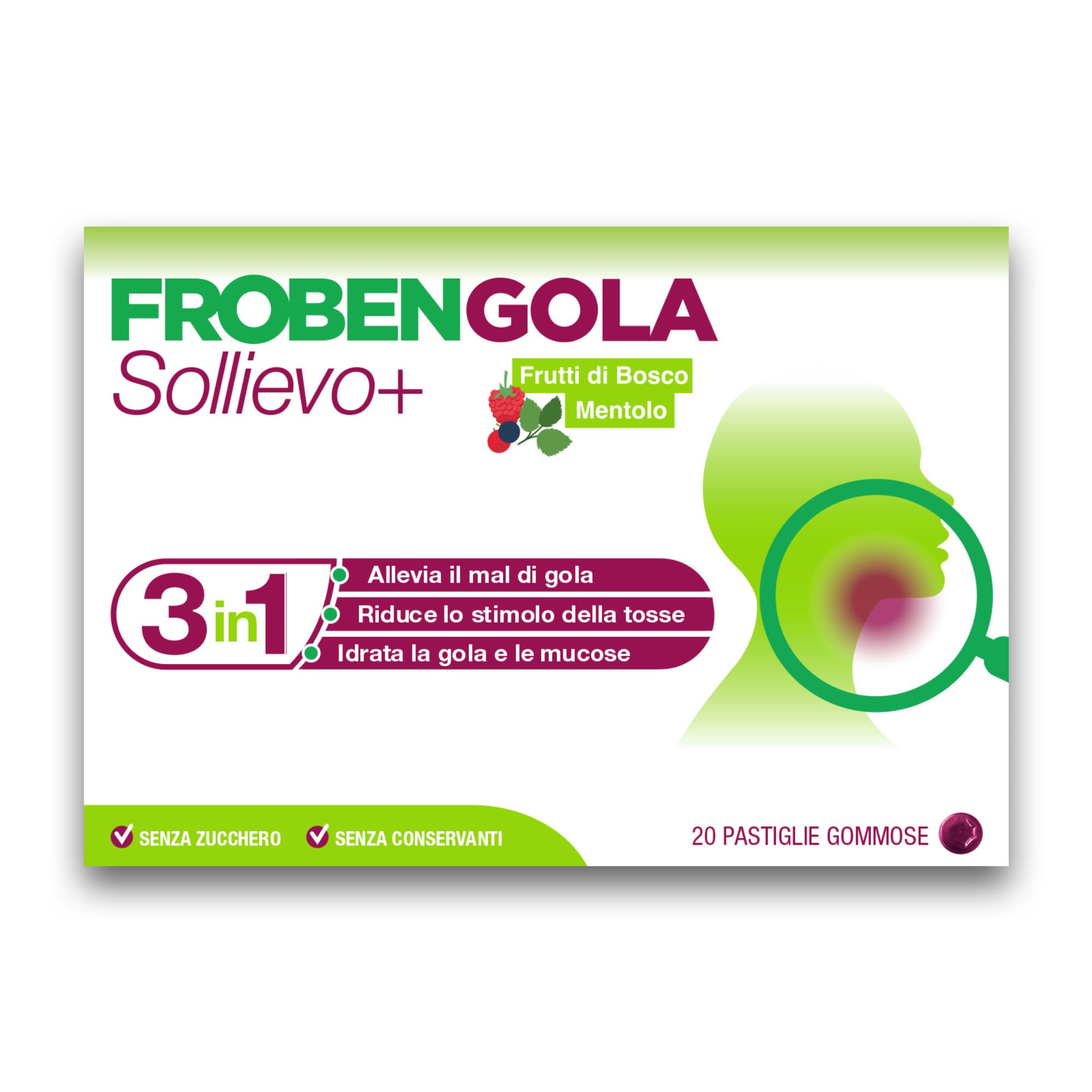 FROBENGOLA Sollievo+, 20 Pastiglie Gommose, Prevenzione per Raffreddore, Raucedine e Gola Secca, con Ectoina, Gusto Frutti di Bosco