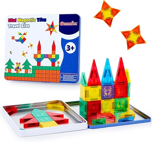 Miniatura 9 de Gemmicc 100 piezas de baldosas magnéticas con 2 autos, bloques magnéticos apilables aprobados por STEM, juguetes educativos de construcción