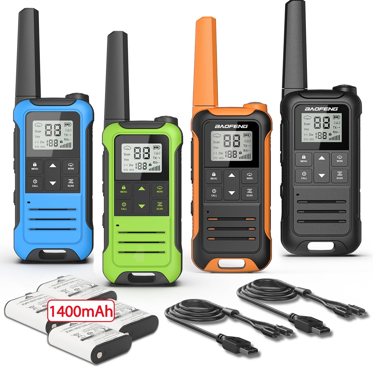 Walkie Talkies Long Range for Adult, Baofeng FRS Radio Portable Rechargeable Walkie Talkie Two Way Radio 1400mAh Li-ion Battery USB-C Cable NOAA VOX Walky Talky for Camping Skiing Hiking 4 Pack