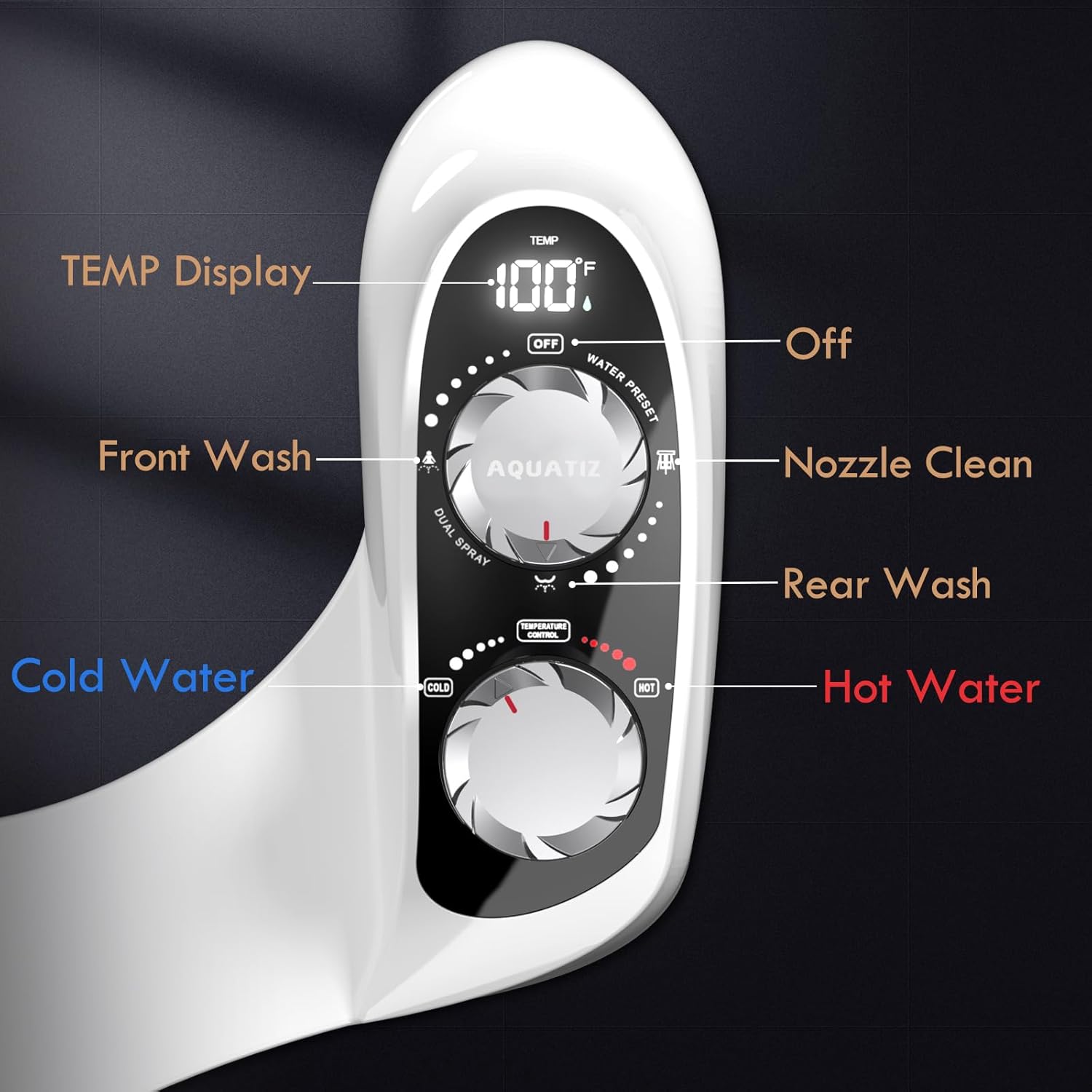 Non-Electric Bidet Attachment for Toilet Seat, Dual Temperature Rear and Feminine Wash, 7.9ft Hot Water Hose, Temperature Display