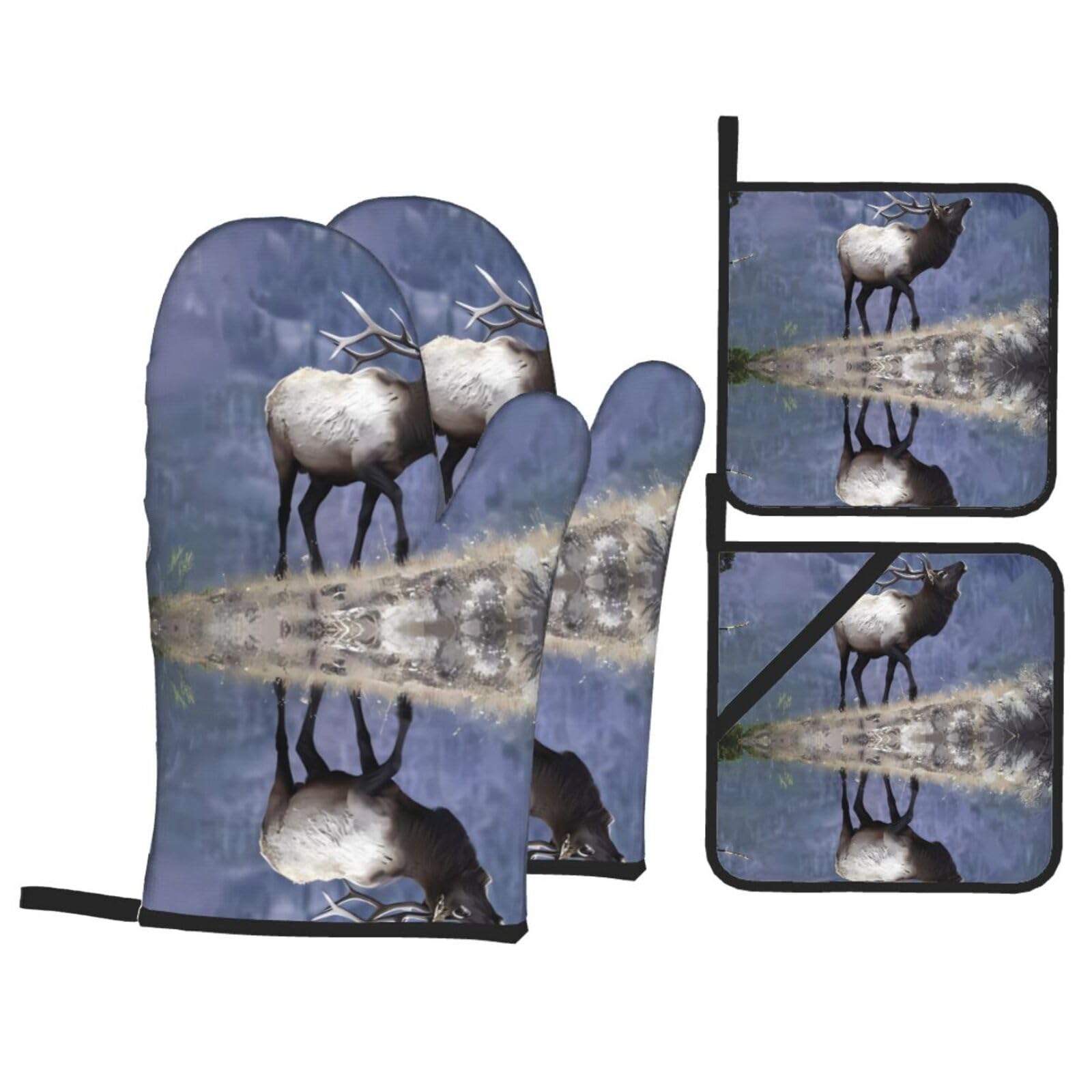 HJFCZH Bull Elk Prints Kitchen Throw Set: Durable Oven Layers with Waterproof Polyester – 4 Piece Heat Protection System