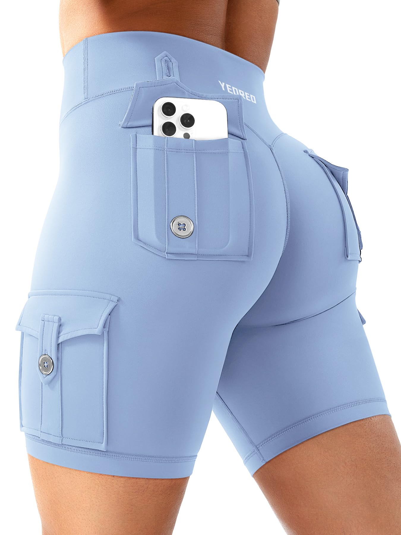 YEOREO CoreFlex Women Workout Biker Shorts with Cargo Pockets Hidden Scrunch High Waisted 8" Inseam Gym Shorts