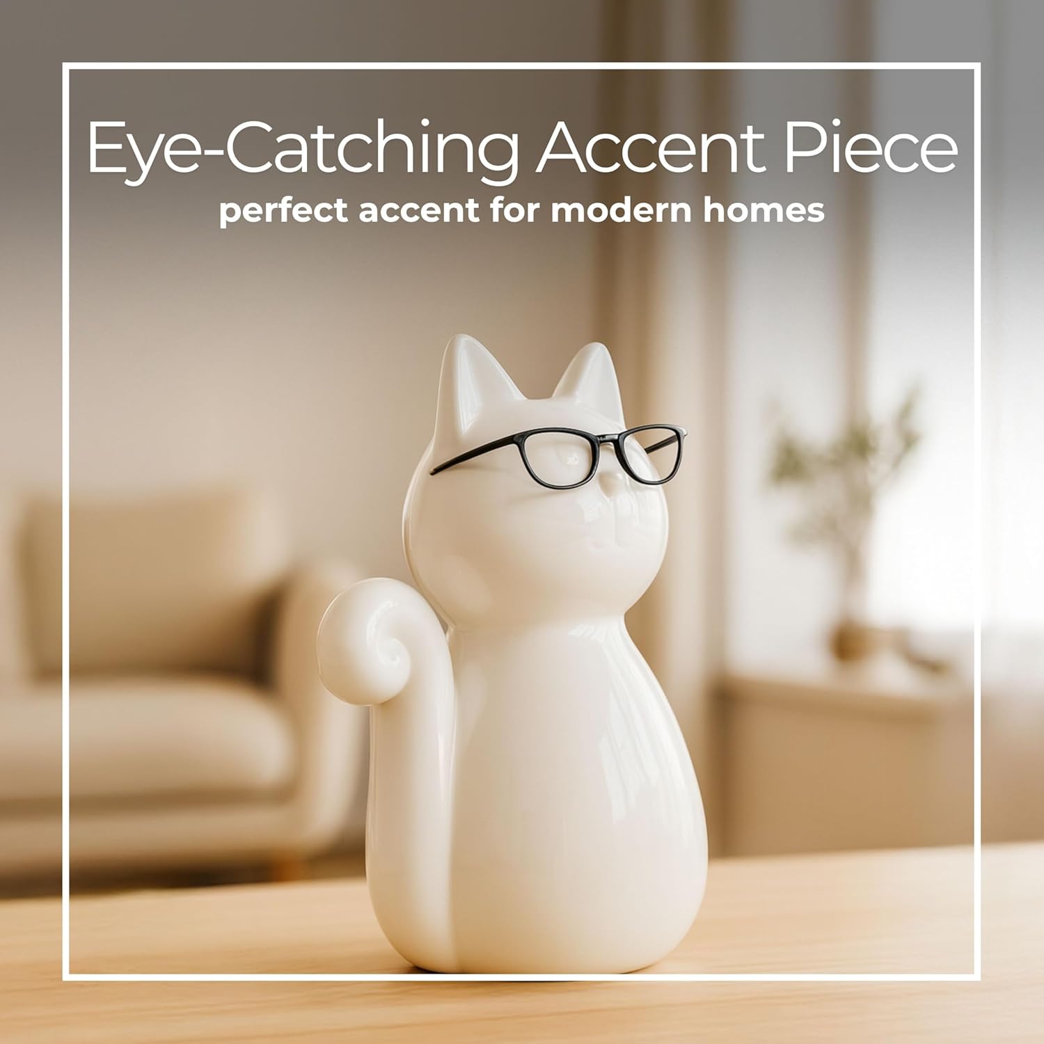 Ceramic Cat Figurine Sculpture – White Porcelain Stoneware Statue with Modern Glam Minimalist Design – Home Decor Accent for Bookshelf, Coffee Table, Bedroom, Office & Living Room – 8", White