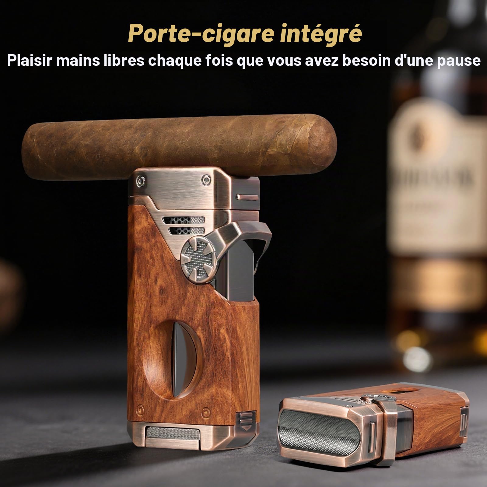 Joyoldelf Briquet torche à quatre flammes – Briquet jet butane rechargeable coupe-vent avec cutter, poinçon et fenêtre de carburant (sans butane) – Cadeau de qualité supérieure pour homme, fumage en