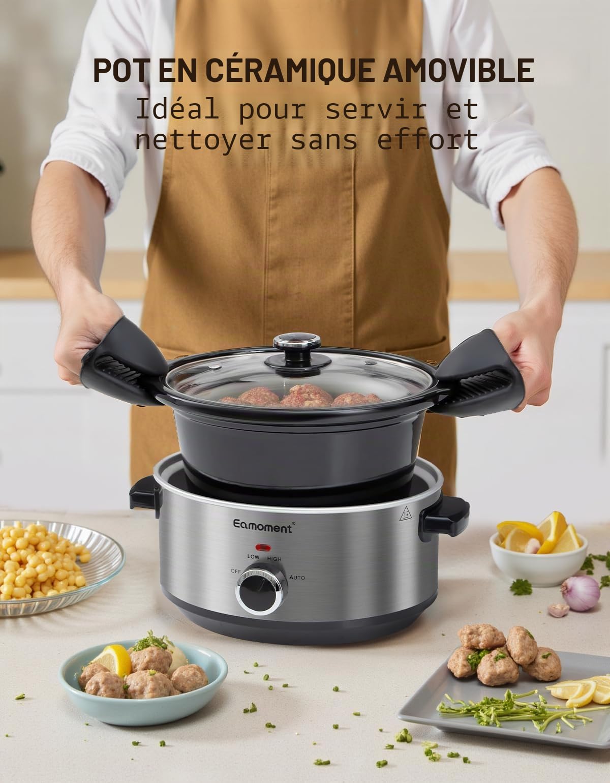 ESC-35A-OSSL 3,5L|200 W Slow Cooker avec 3 niveaux de chauffage et indicateur de puissance, passe au lave-vaisselle et avec poignées de transport, argenté