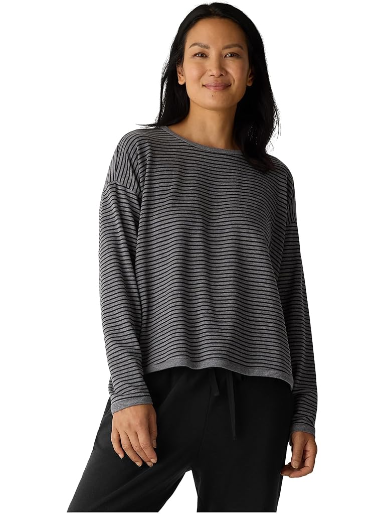 Black Eileen Fisher Striped Cozy Brushed Terry Round Neck Cropped Box Top