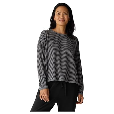 Eileen Fisher Striped Cozy Brushed Terry Round Neck Cropped Box Top Women