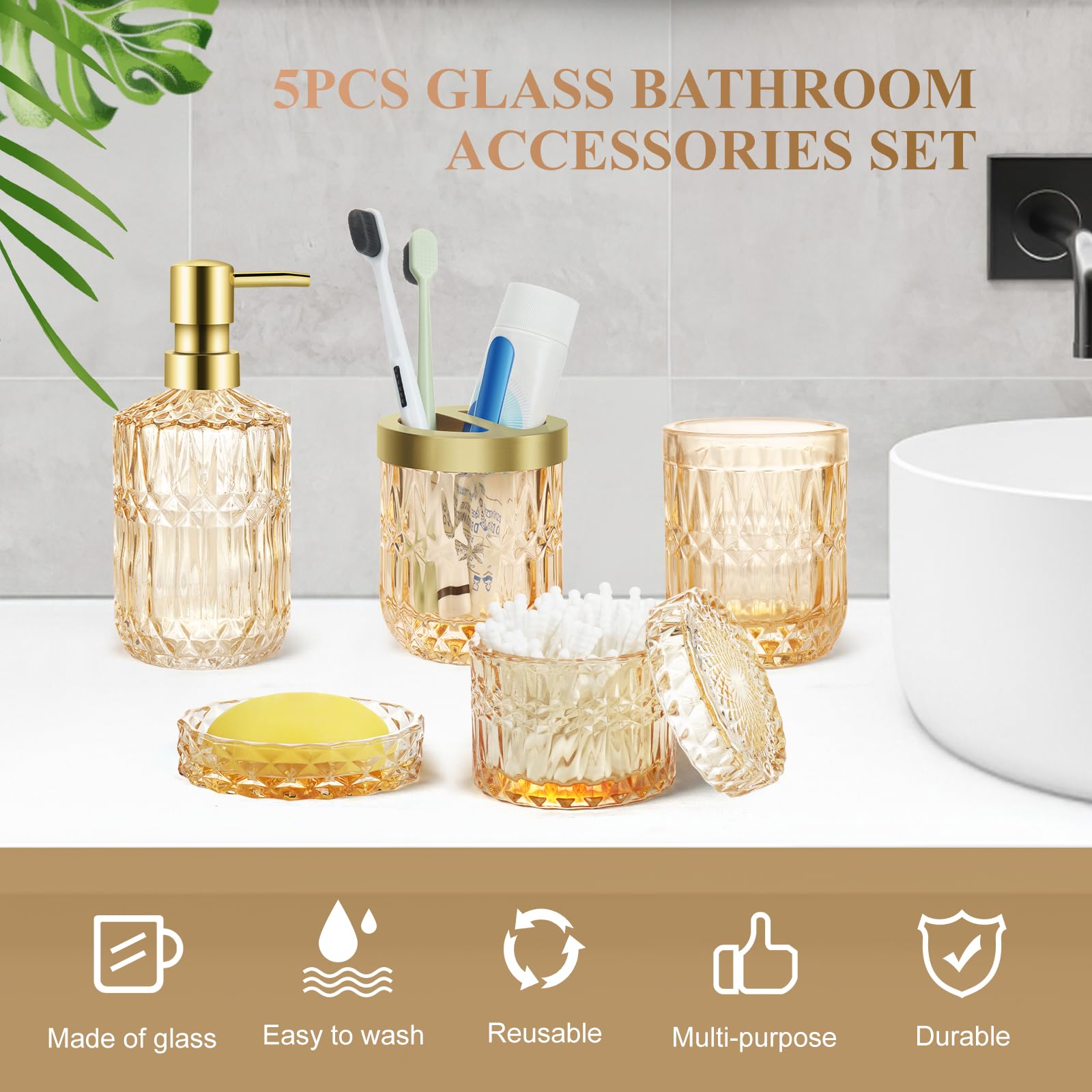 Set di 5 accessori da bagno in vetro dorato, set di accessori per il bagno, dispenser per lozioni, portasapone, porta spazzolini, bicchieri, bastoncini di cotone, set decorativo per bagno moderno,
