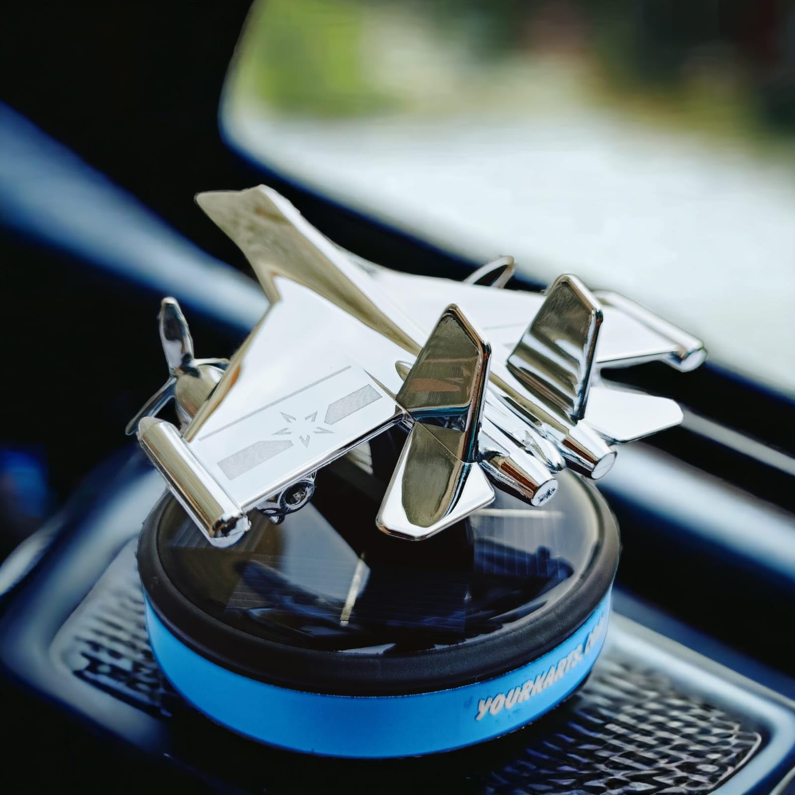 YOURKARTS.COM Aluminium Solar Powered Car Perfume Diffuser/Dispenser | Jet Plane Design, Auto Rotation Fan | For Car Dashboard With Perfume Liquid & Organic Fragrance- (Blue, Pack Of 1)