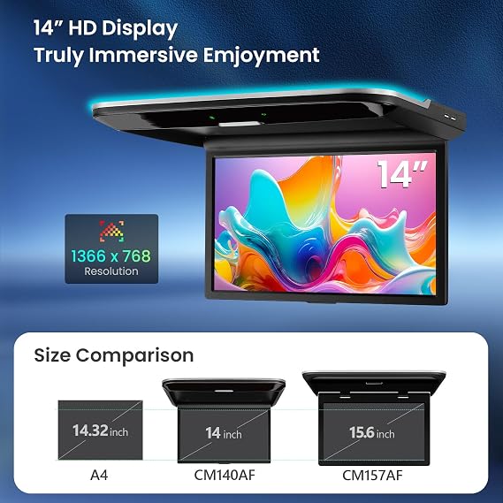 XTRONS 14 Android Car Overhead Monitor, 1366768 HD Flip-Down Roof Mount Screen with Built-in Speaker, Wi-Fi, Bluetooth, HDMI & USB Input, Screen Mirroring Compatible with Cars & SUVs (2GB+32GB)