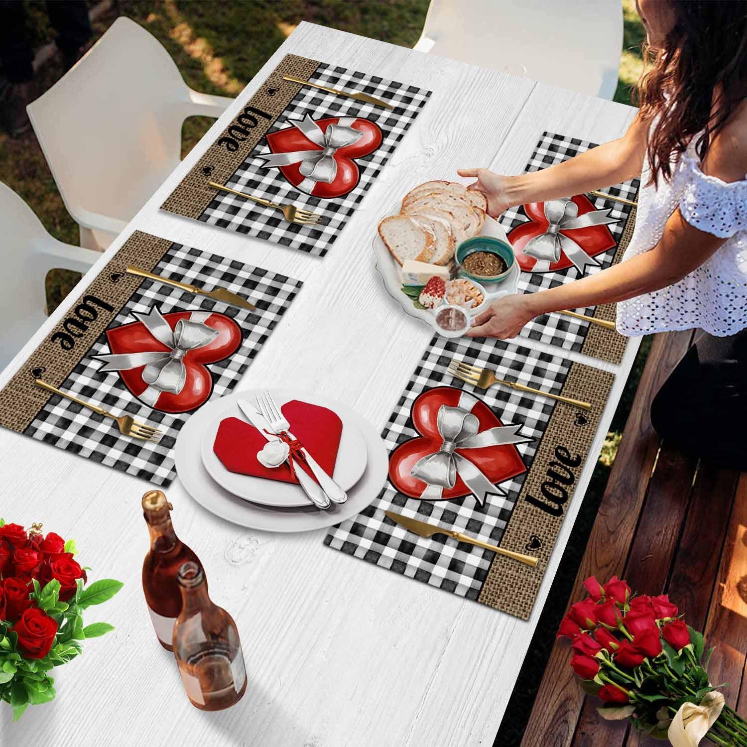 Valentine's Day Placemats Set of 6 Bowknot Love Heart Place Mats Black Buffalo Plaid Linen Table Mats for Dining Kitchen Holiday Dinner Wedding Party Anniversary Valentines Decor 13x19 Inch