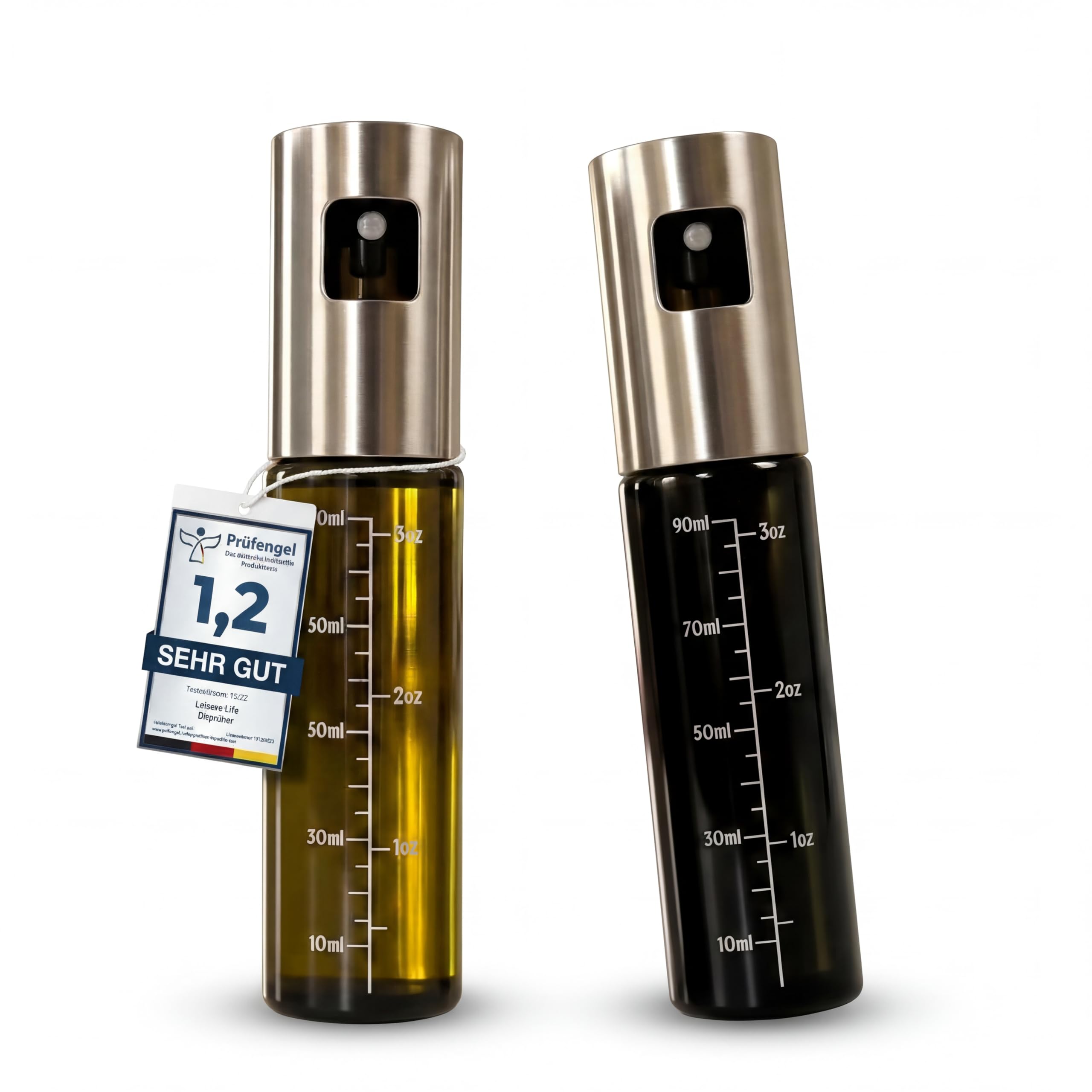 Leisure Life® | NEUEINFÜHRUNG | 2er Set Ölsprüher | 1 mm Edelstahlmantel | UV-Schutzglas | BPA-frei | 100 ml Ölzerstäuber für Olivenöl & gesundes Kochen (Jade Green & Obsidian Black – UV)