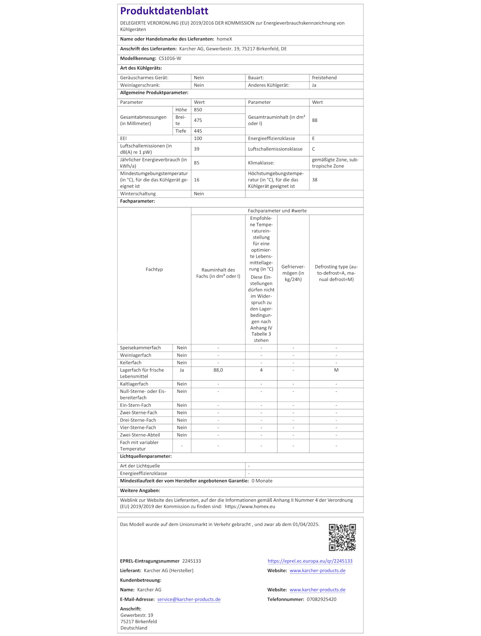 homeX Kühlschrank ohne Gefrierfach, Vollraumkühlschrank klein 88L, freistehend, leise 39 dB, weiß CS1016-W