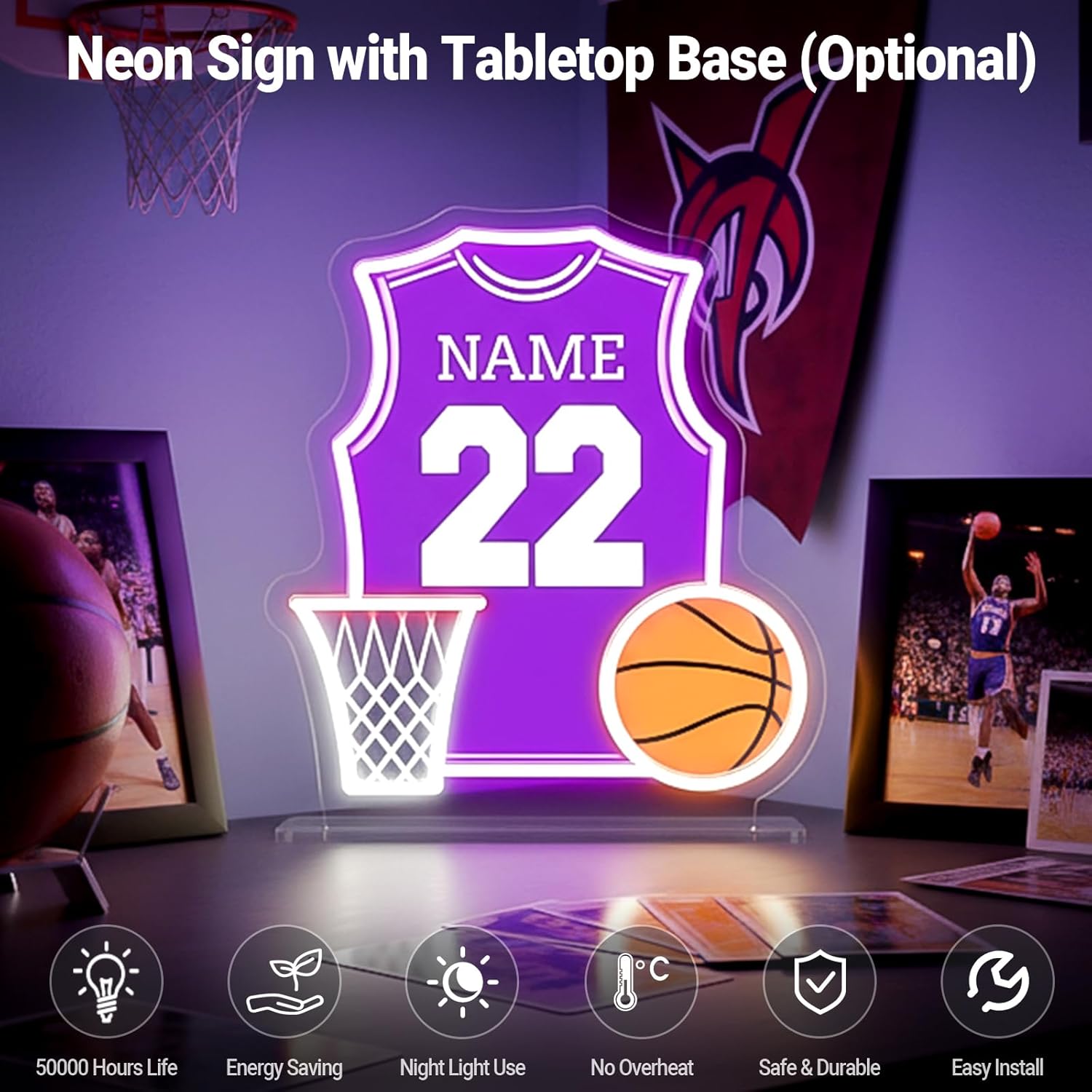 Custom Basketball Jersey Neon Sign, Personalized Basketball Team Name Number LED Neon Light for Wall Decor, Customized Light up Sign for Boys Bedroom Game Room Man Cave Club Fans Lovers Gifts