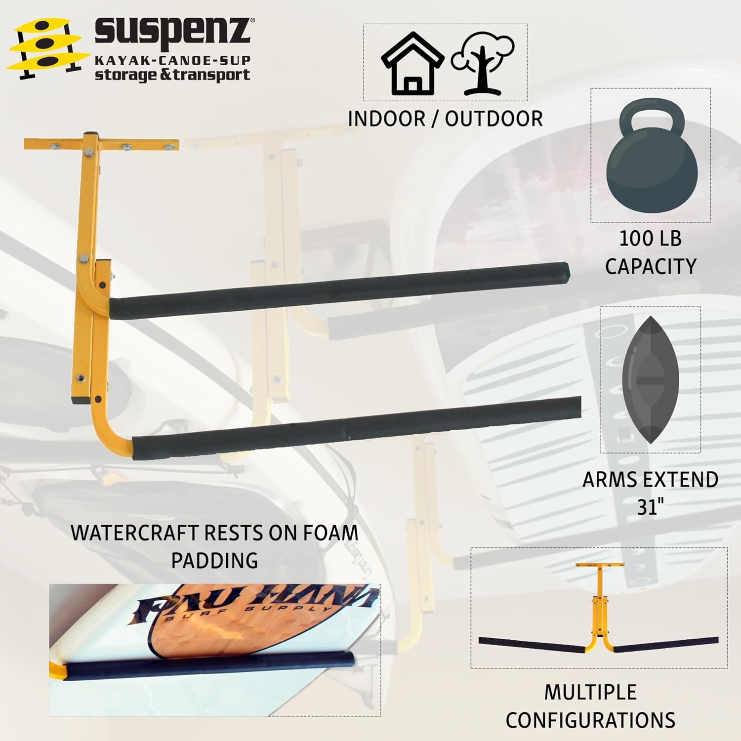 Suspenz Kayak Storage Rack, Ceiling/Under Deck Garage Hanger for 2 Kayaks and SUPs, Yellow, 11-7800