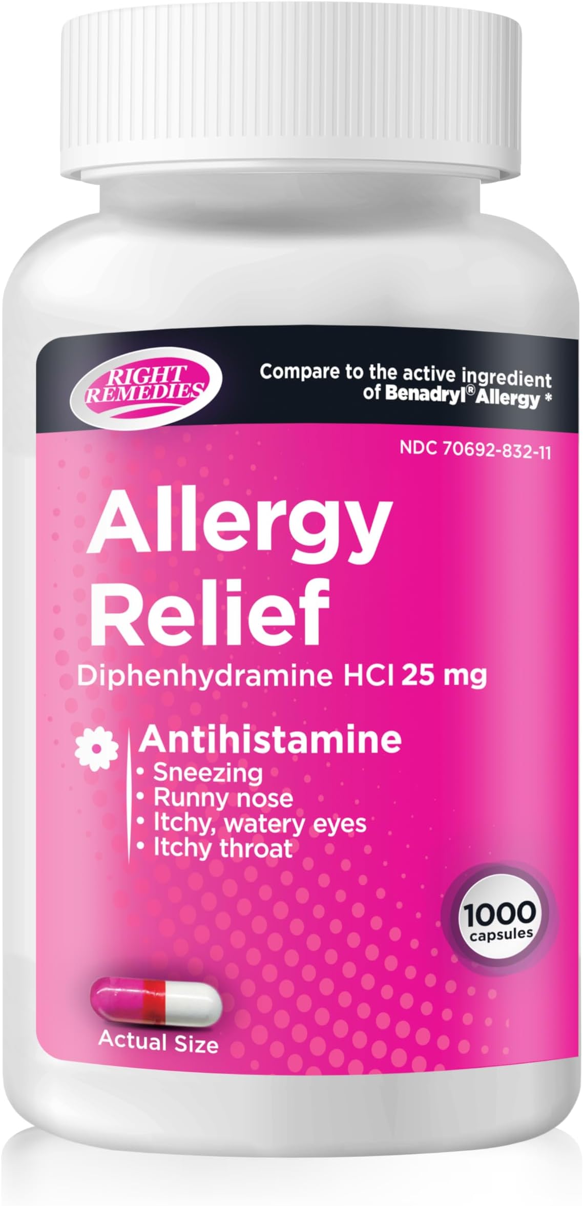 Allergy Relief Capsules, Antihistamine, Diphenhydramine HCL 25mg, Relieves Seasonal Indoor or Outdoor Allergies, Runny Nose, Sneezing Allergy Relief (1000 Capsules)