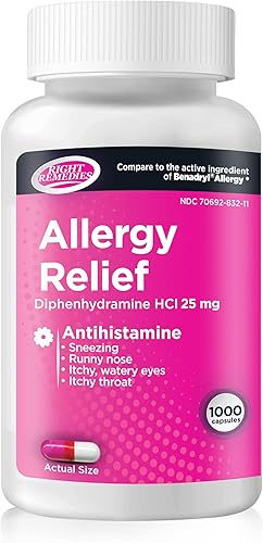 RIGHT REMEDIES Cápsulas para aliviar la alergia, antihistamínico, difenhidramina HCL 25 mg, alivia las alergias estacionales en interiores o